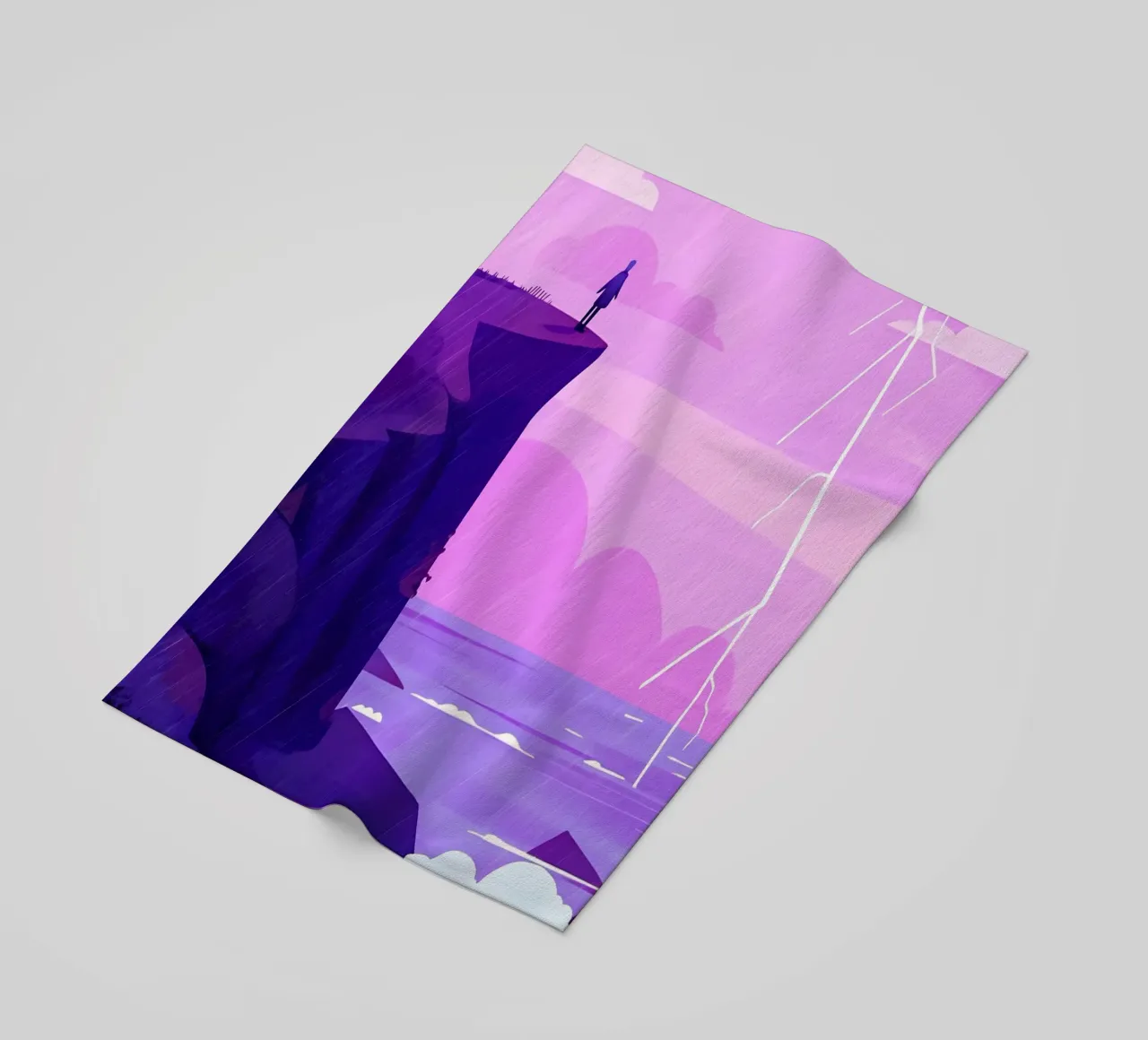 Standing At The Oceanside Cliff In Lightning Lofi Art beach towel by LoFi Gallery