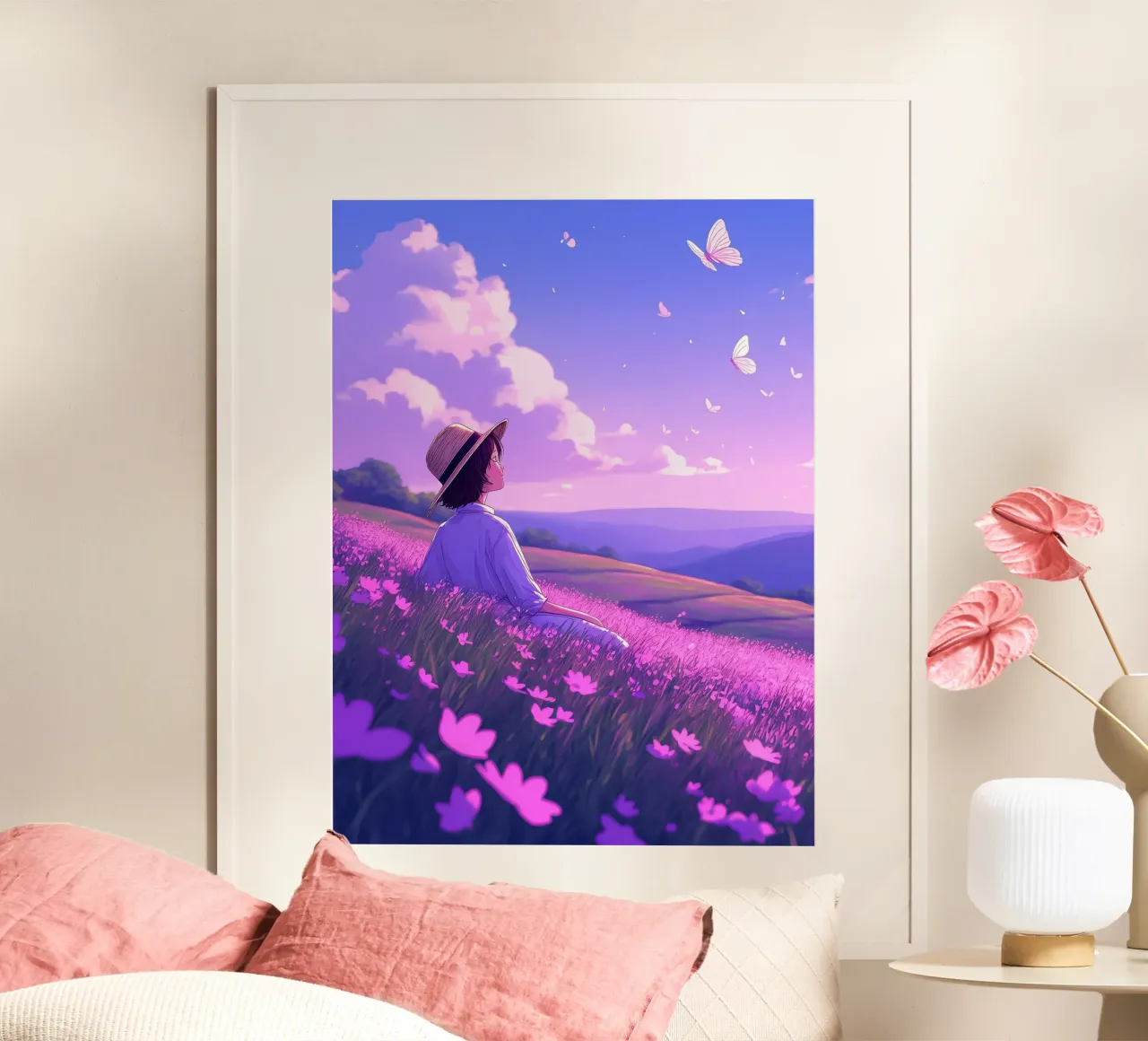 Nel campo di fiori con le farfalle Lofi Art poster con telaio in legno da LoFi Gallery