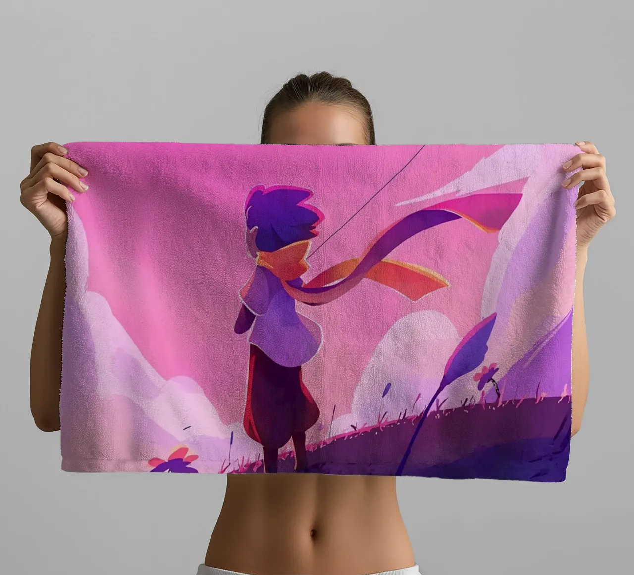 Cerf-volant volant dans un champ de fleurs Lofi Art serviette de bain de LoFi Gallery