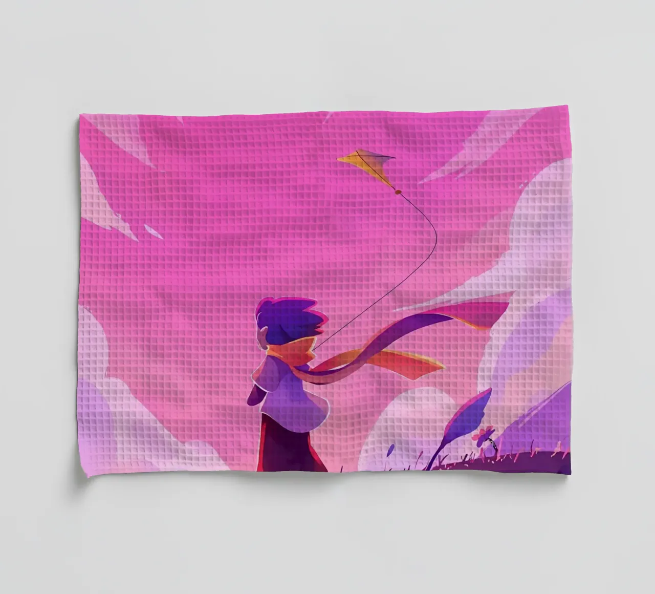 Cerf-volant volant dans un champ de fleurs Lofi Art torchon de LoFi Gallery