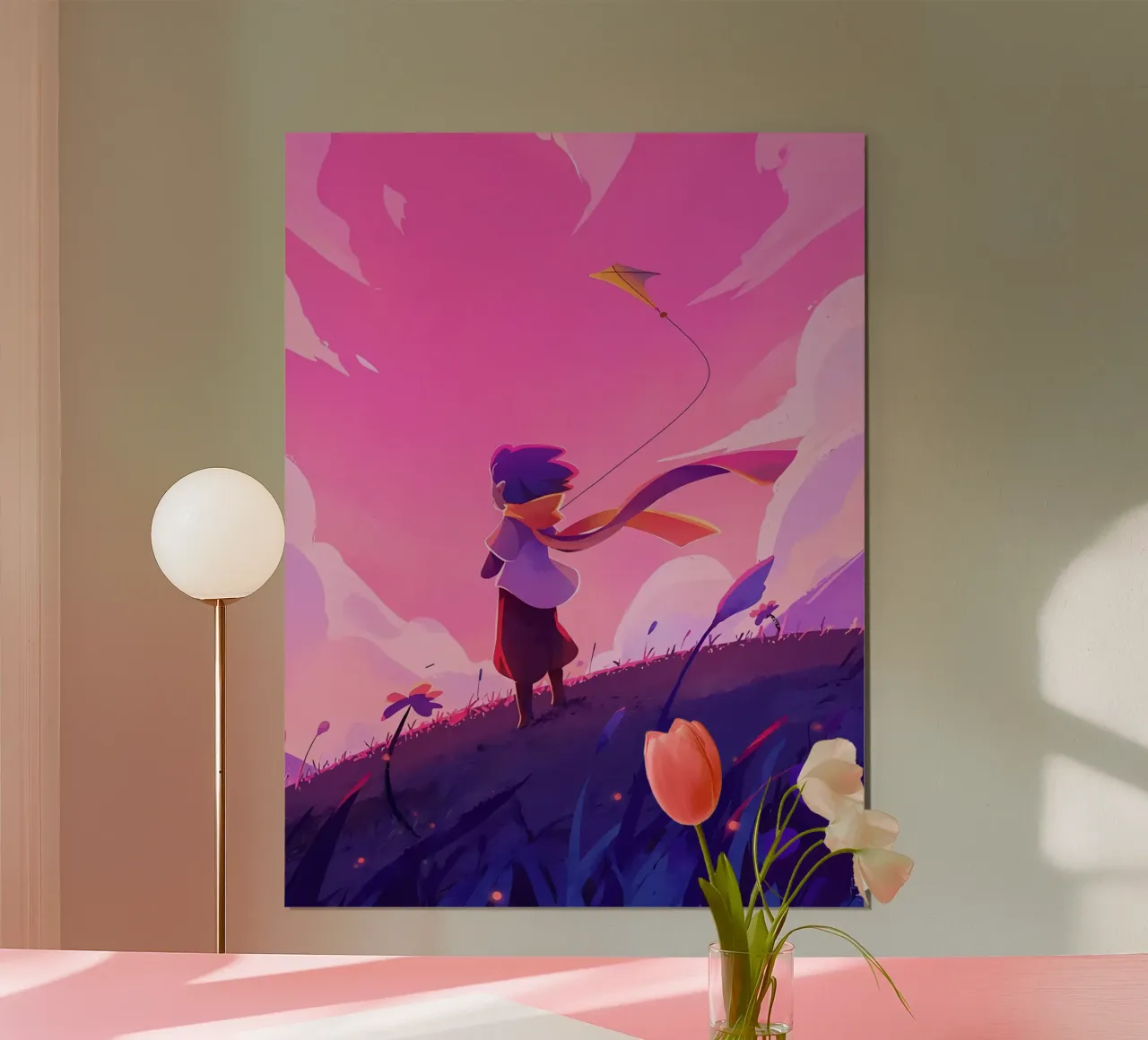 Cerf-volant volant dans un champ de fleurs Lofi Art poster de LoFi Gallery