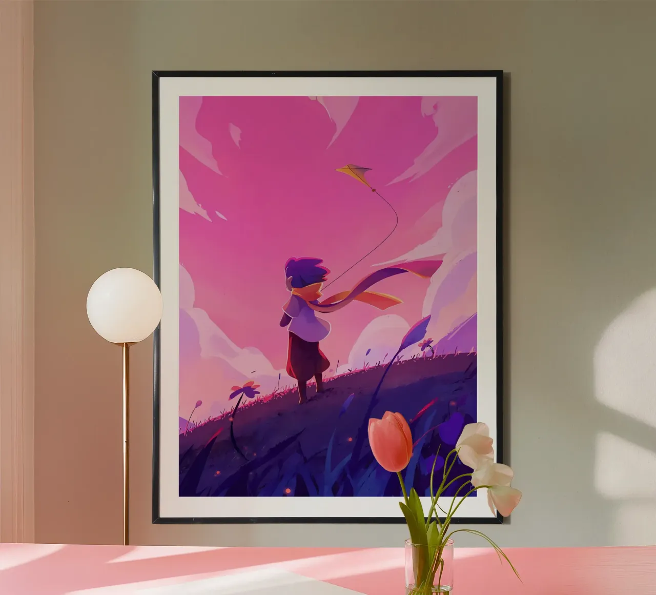 Cerf-volant volant dans un champ de fleurs Lofi Art poster de LoFi Gallery
