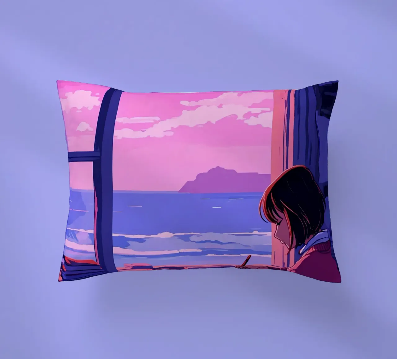 Writing And Looking At Ocean Lofi Art decorative cushion by LoFi Gallery