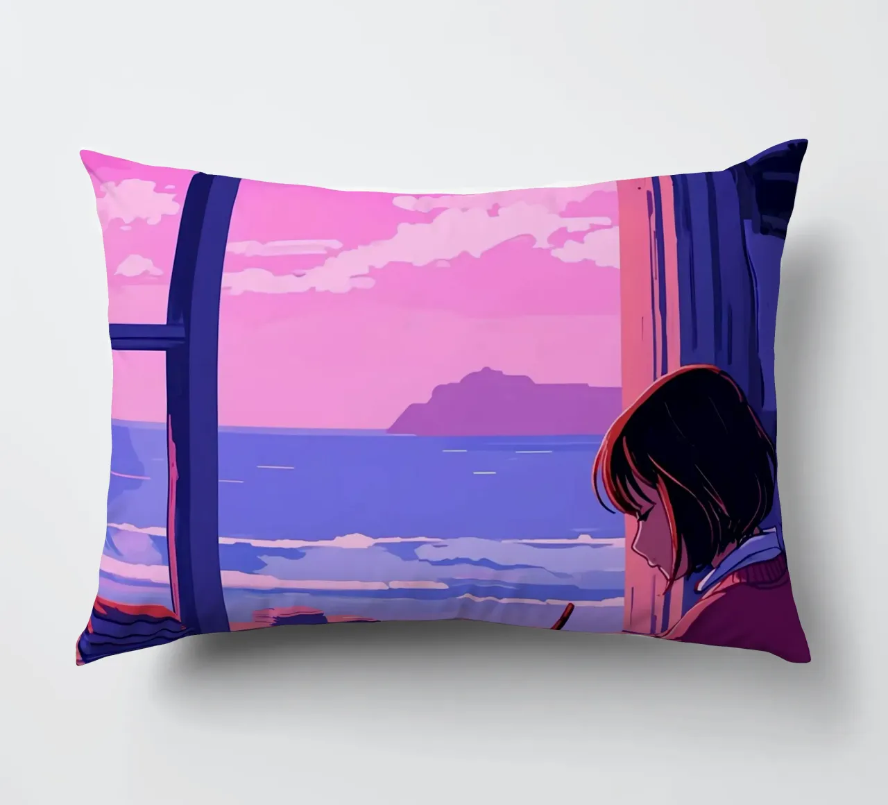 Writing And Looking At Ocean Lofi Art decorative cushion by LoFi Gallery