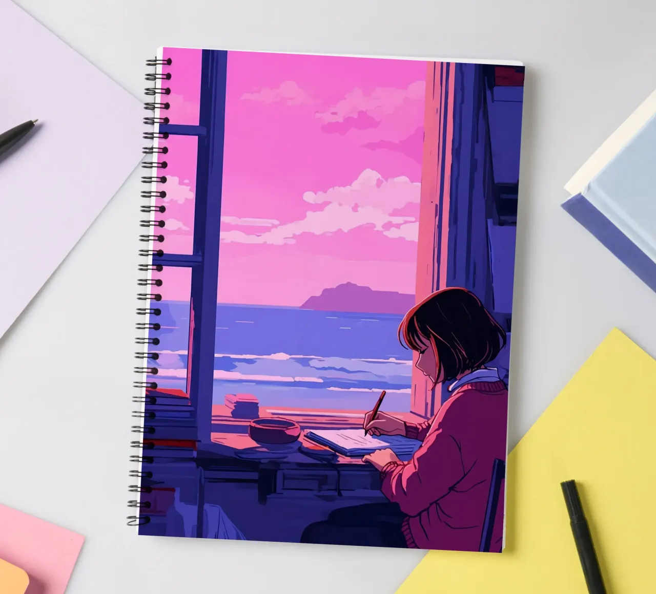 Writing And Looking At Ocean Lofi Art spiral notebook by LoFi Gallery