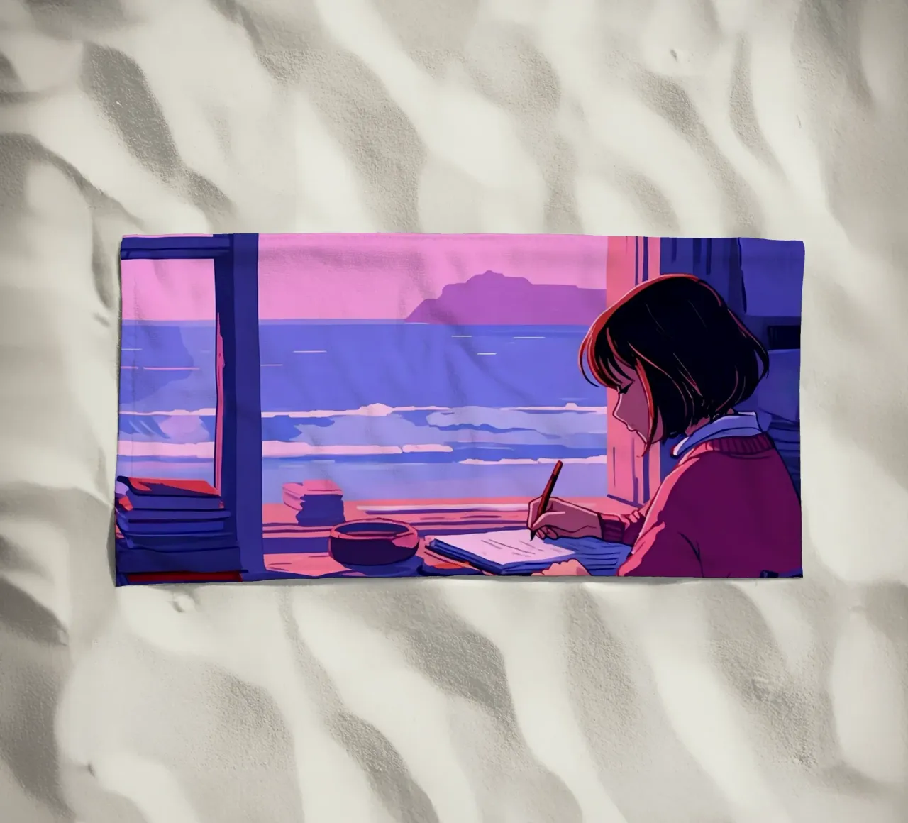 Schreiben und Betrachten von Ocean Lofi Art Strandtuch von LoFi Gallery
