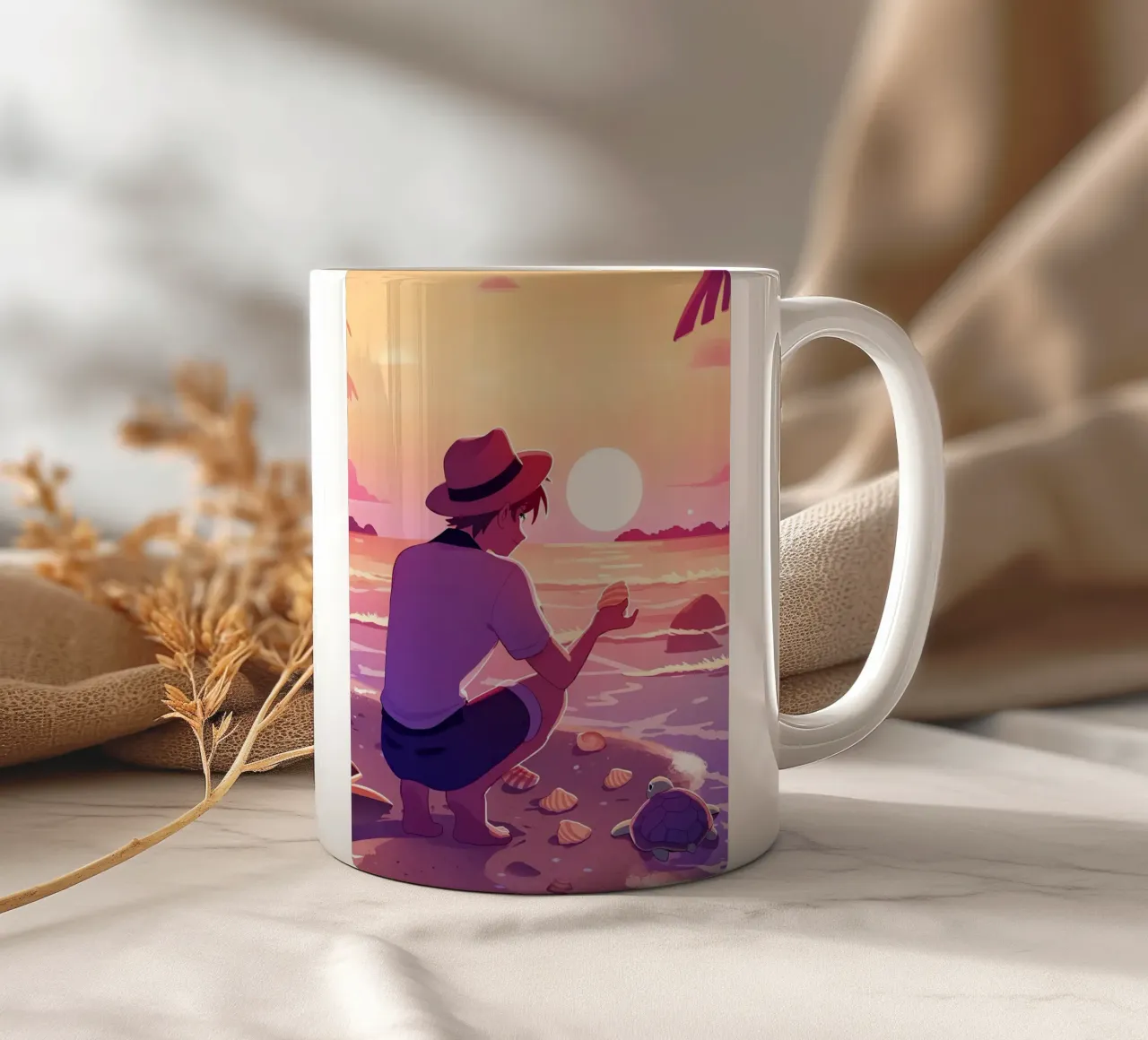In spiaggia quando il sole tramonta Lofi Art tazza in ceramica da LoFi Gallery