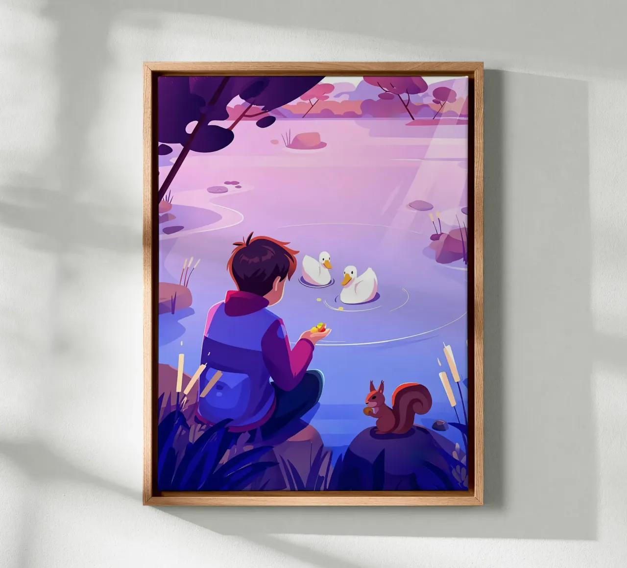 Feeding Ducks And Squirrels Lofi Art canvas with Floater frame by LoFi Gallery