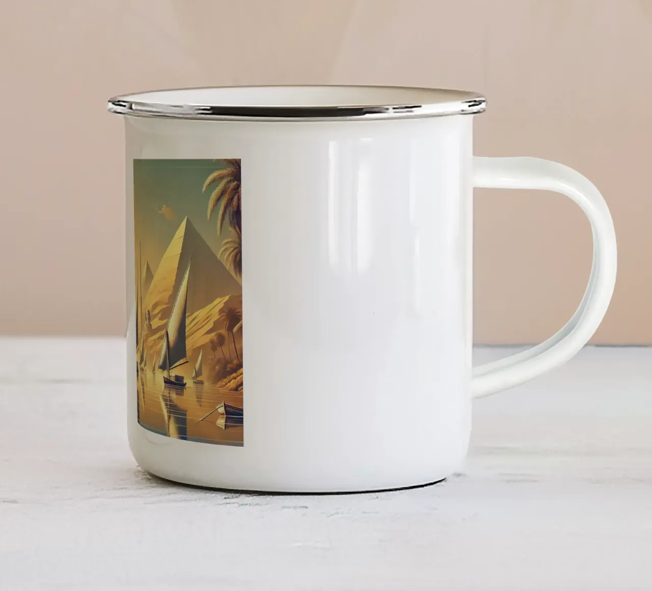 Poster d'epoca sull'Egitto, fiume Nilo tazza in smalto da Chromatic Fusion Studio