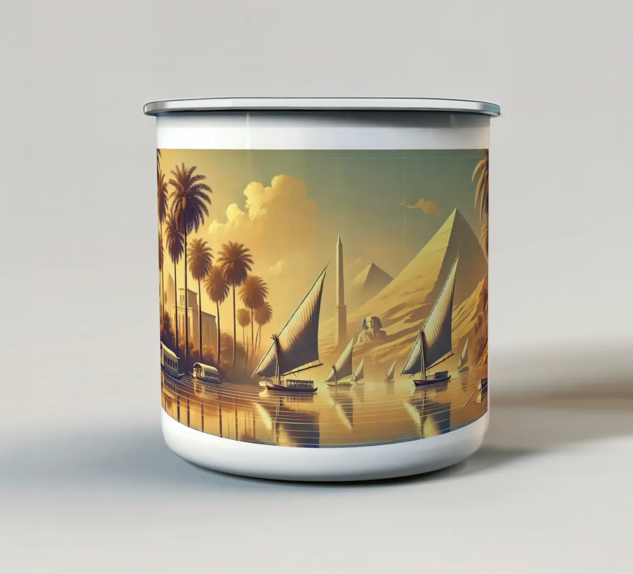 Poster d'epoca sull'Egitto, fiume Nilo tazza in smalto da Chromatic Fusion Studio