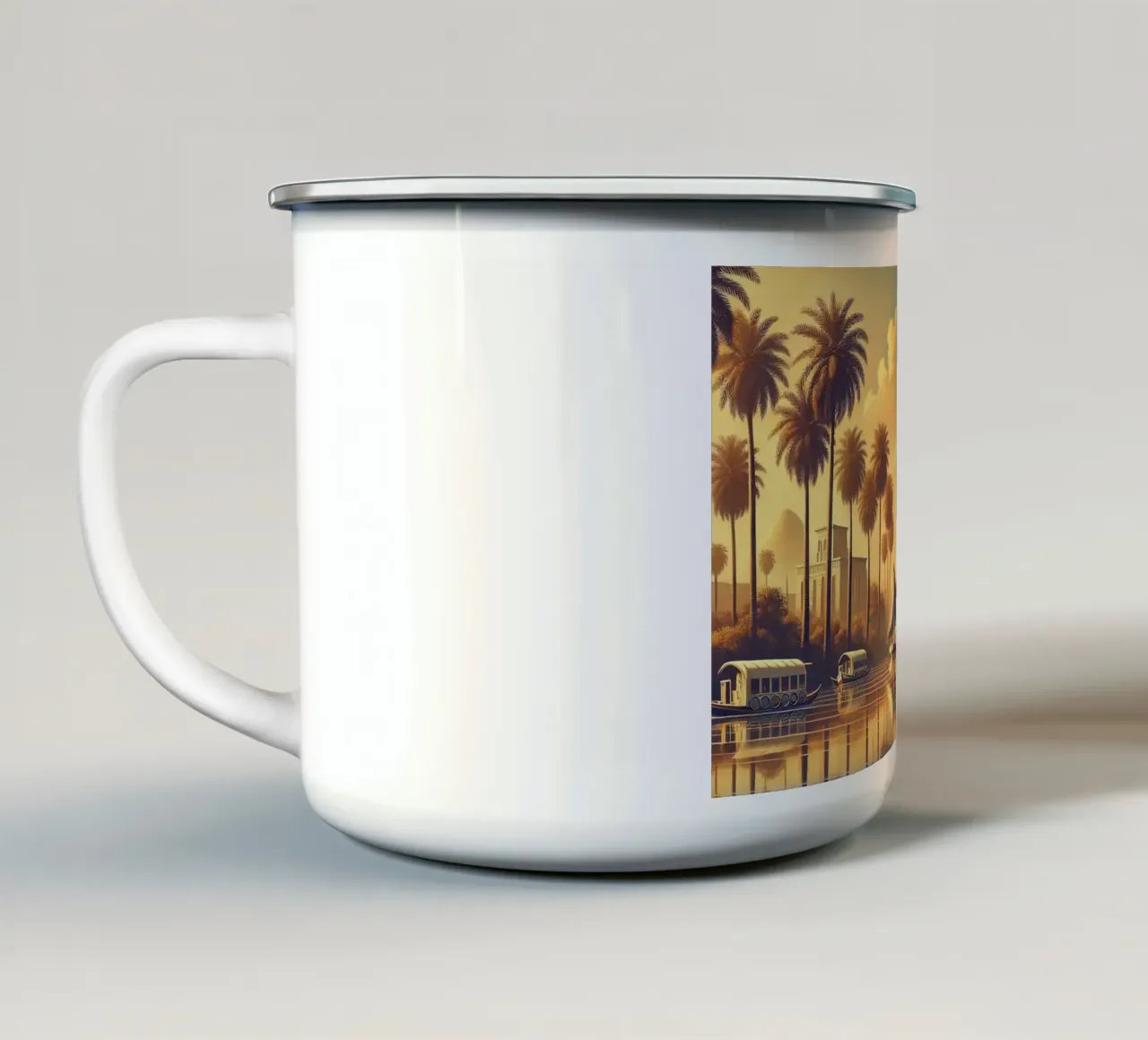 Poster d'epoca sull'Egitto, fiume Nilo tazza in smalto da Chromatic Fusion Studio