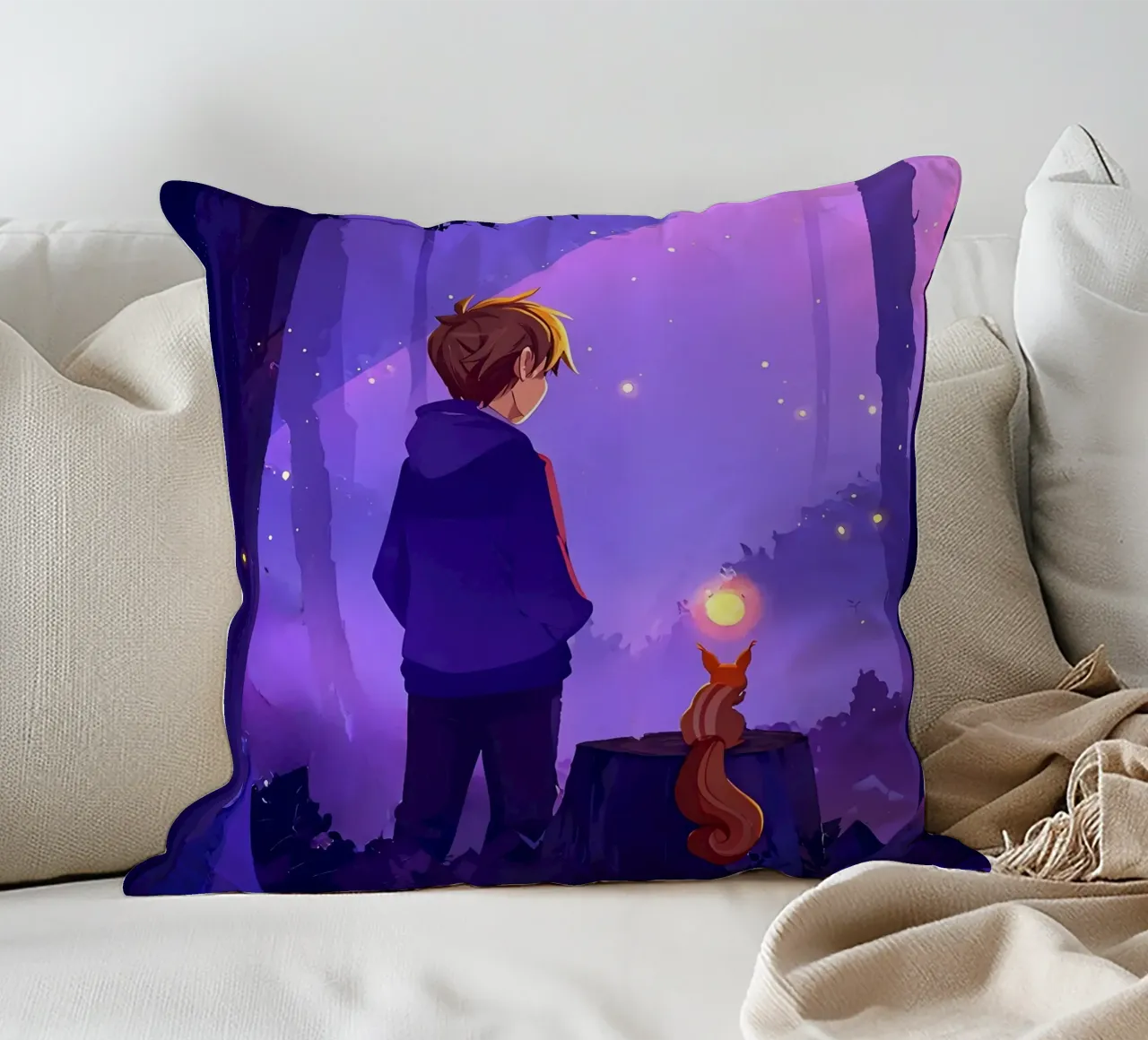 Ragazzo nella foresta con scoiattolo Lofi Art cuscino da LoFi Gallery