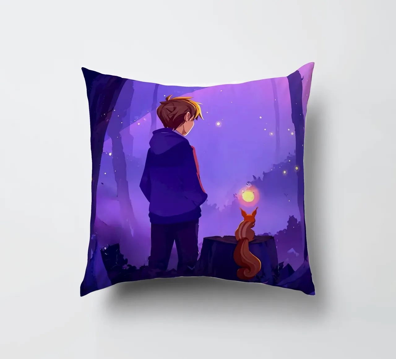 Ragazzo nella foresta con scoiattolo Lofi Art cuscino da LoFi Gallery