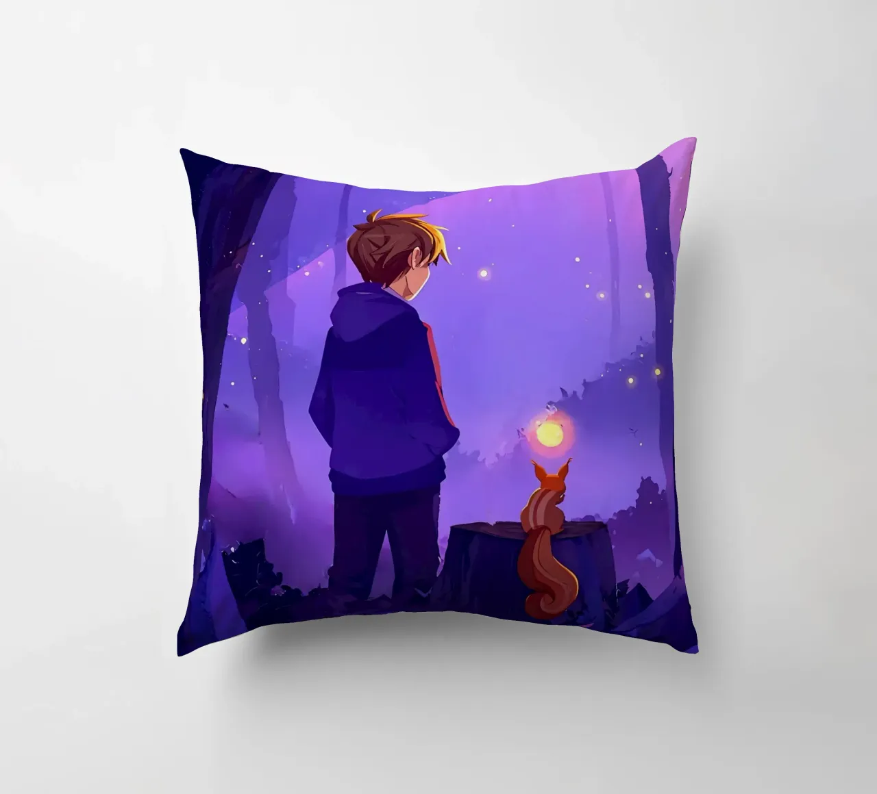 Ragazzo nella foresta con scoiattolo Lofi Art cuscino da LoFi Gallery