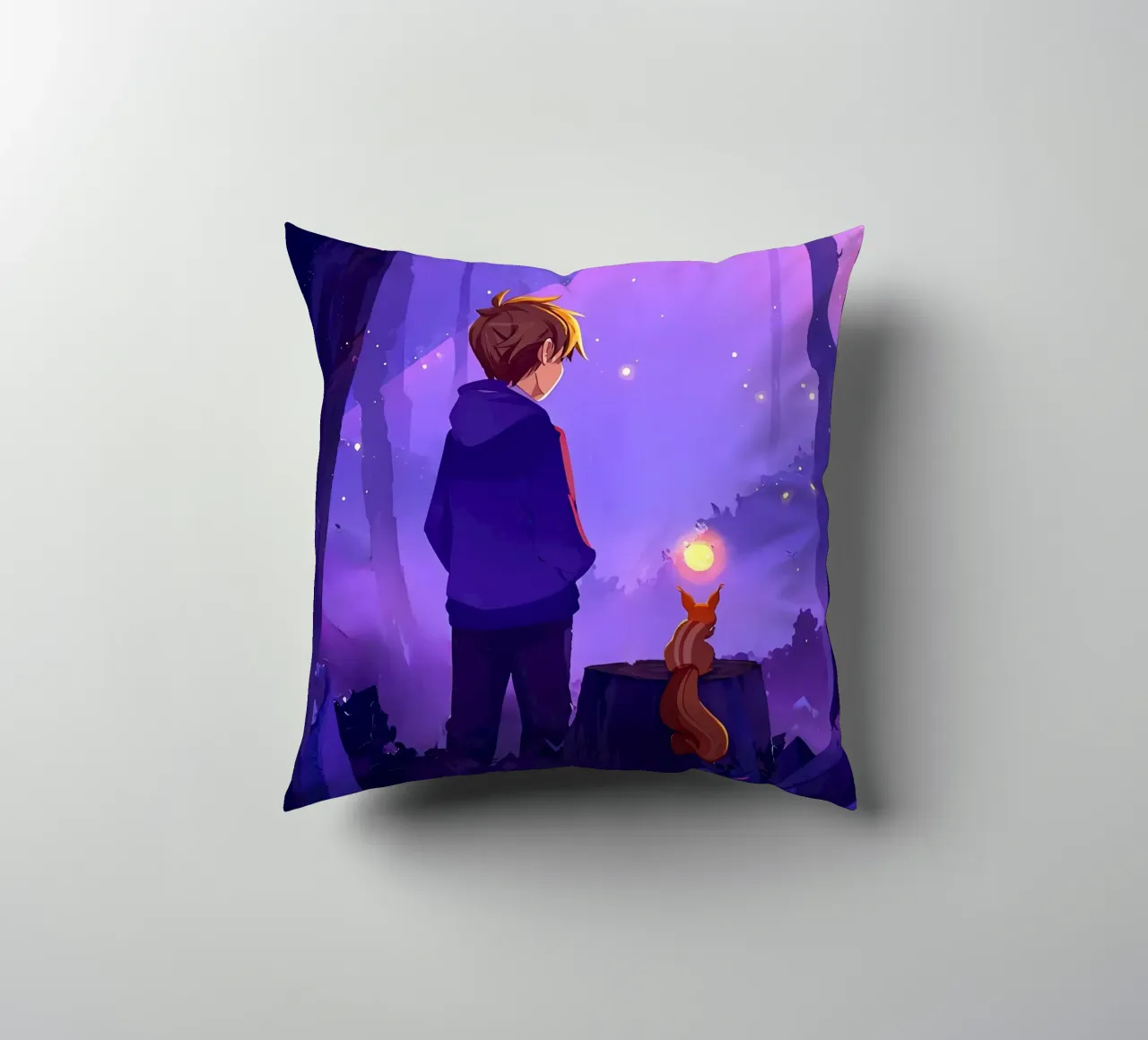 Ragazzo nella foresta con scoiattolo Lofi Art cuscino da LoFi Gallery