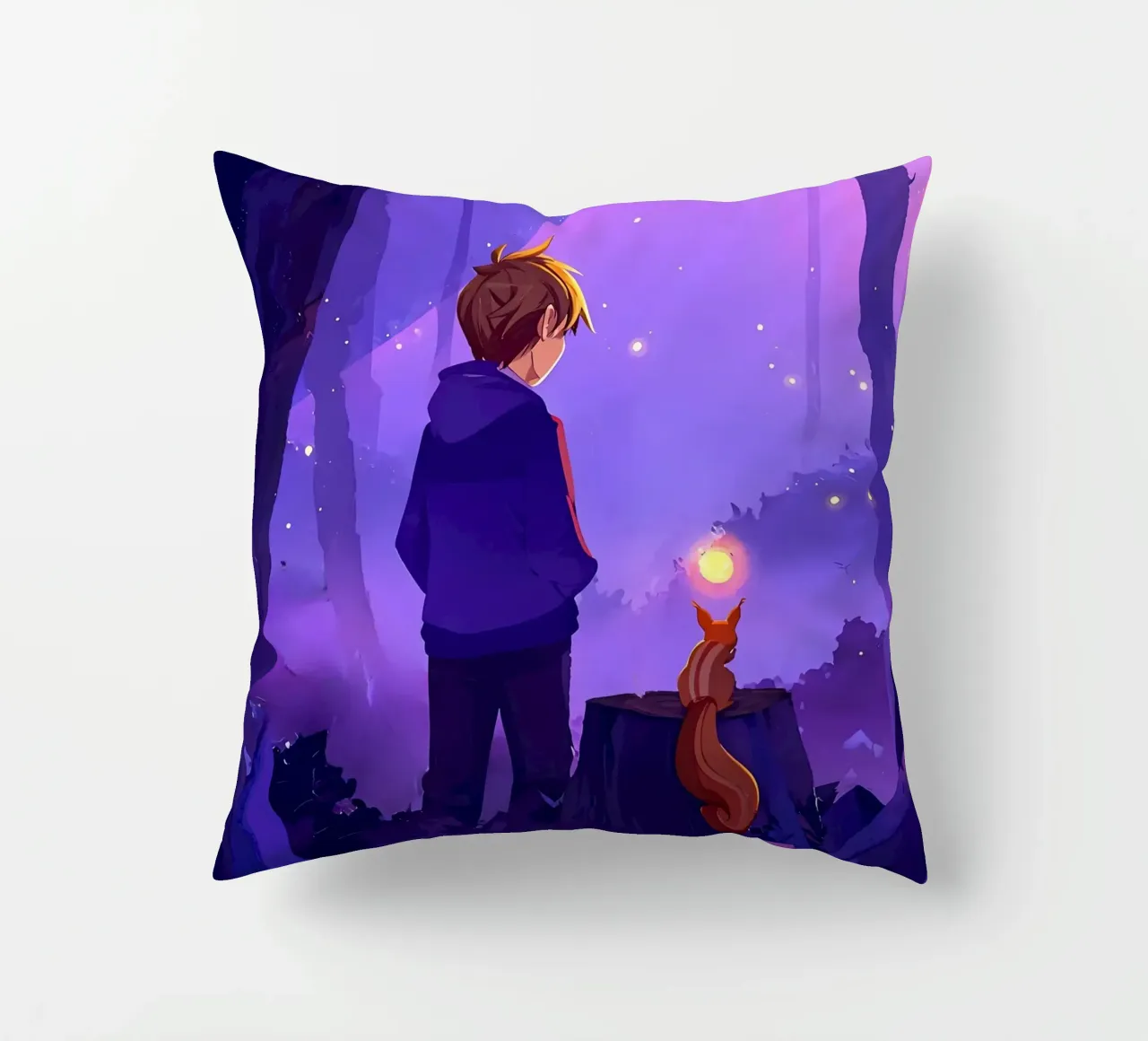 Ragazzo nella foresta con scoiattolo Lofi Art cuscino da LoFi Gallery