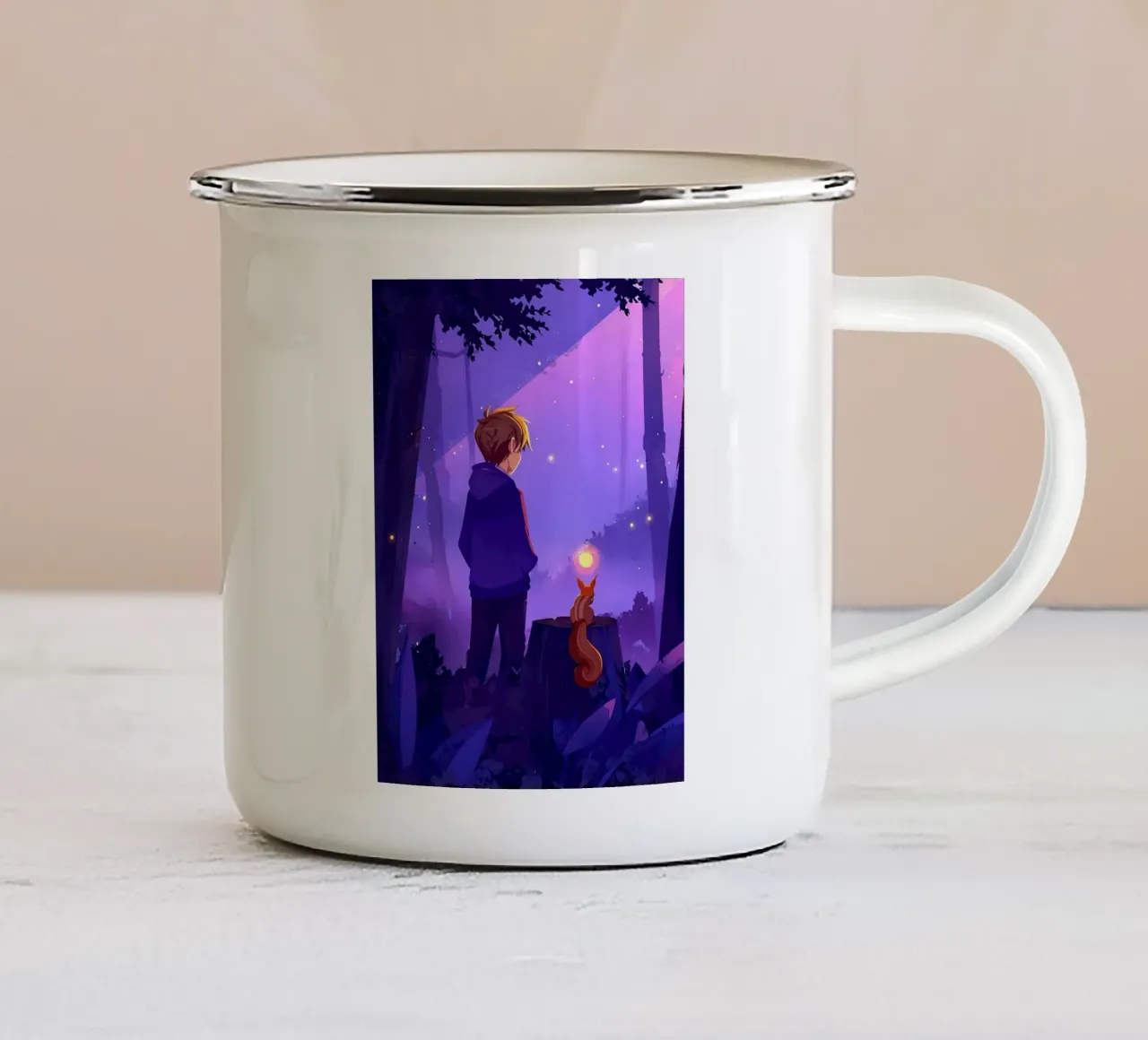 Ragazzo nella foresta con scoiattolo Lofi Art tazza in smalto da LoFi Gallery