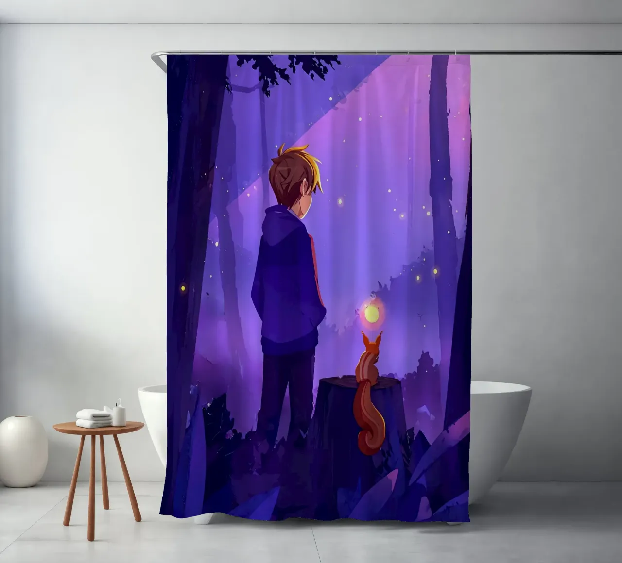 Boy In The Forest With Squirrel Lofi Art shower curtain by LoFi Gallery