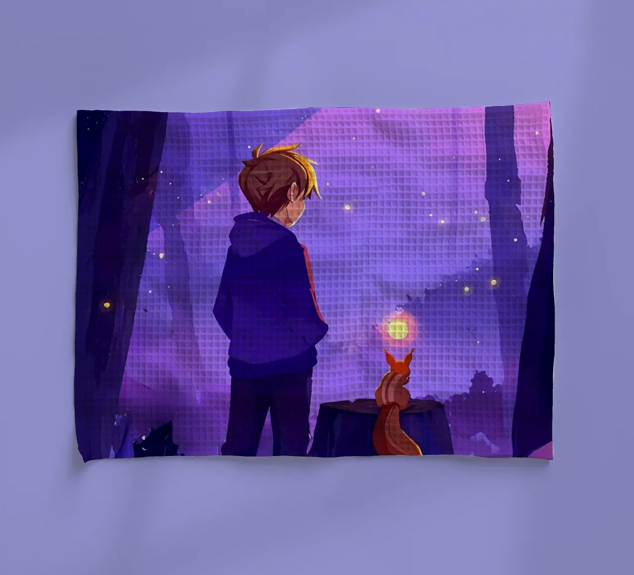 Garçon dans la forêt avec écureuil Lofi Art torchon de LoFi Gallery