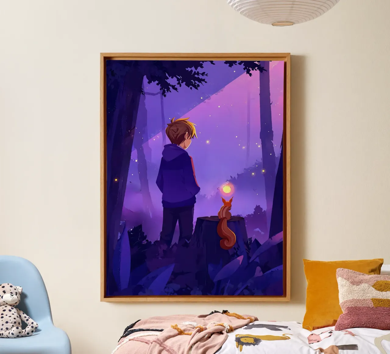 Boy In The Forest With Squirrel Lofi Art canvas with Floater frame by LoFi Gallery