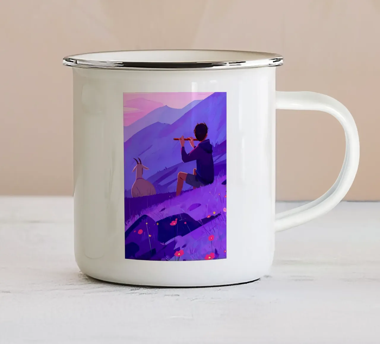 Ragazzo che suona il flauto con la capra Lofi Art tazza in smalto da LoFi Gallery