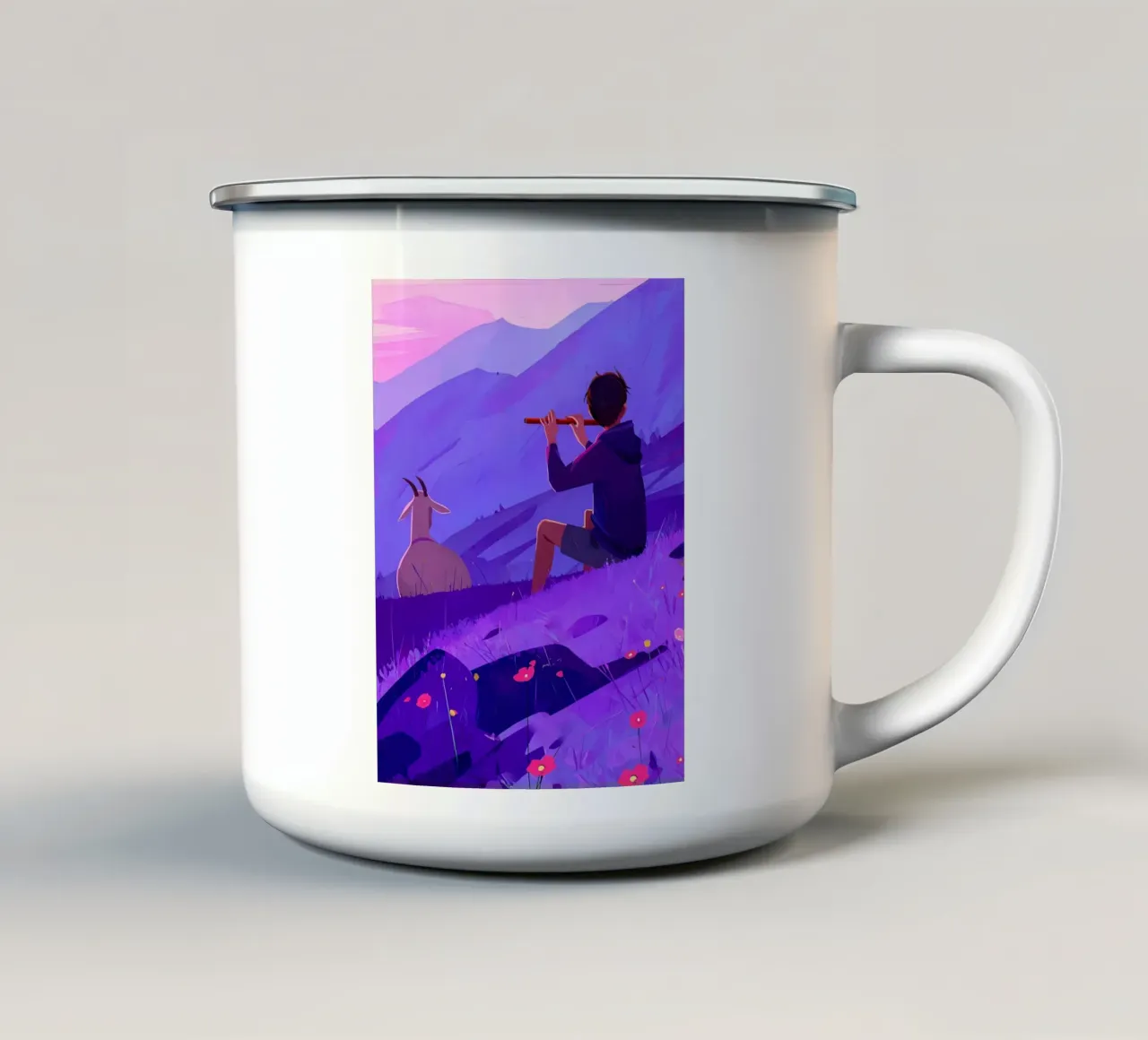 Ragazzo che suona il flauto con la capra Lofi Art tazza in smalto da LoFi Gallery