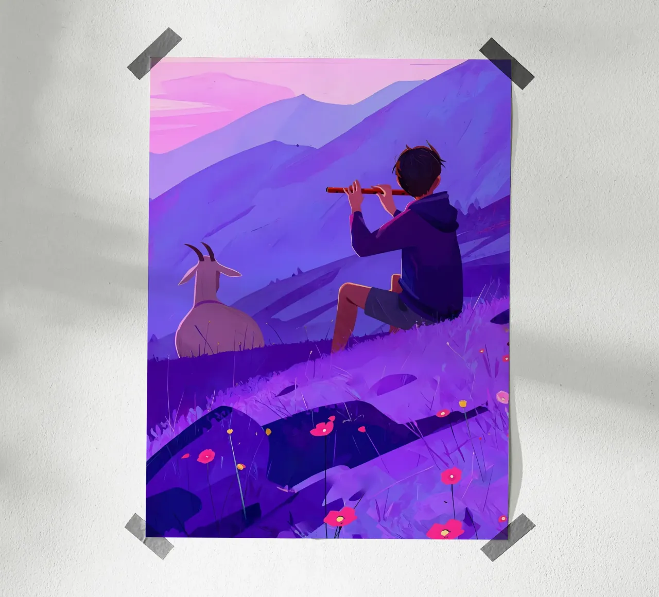 Ragazzo che suona il flauto con la capra Lofi Art poster da LoFi Gallery