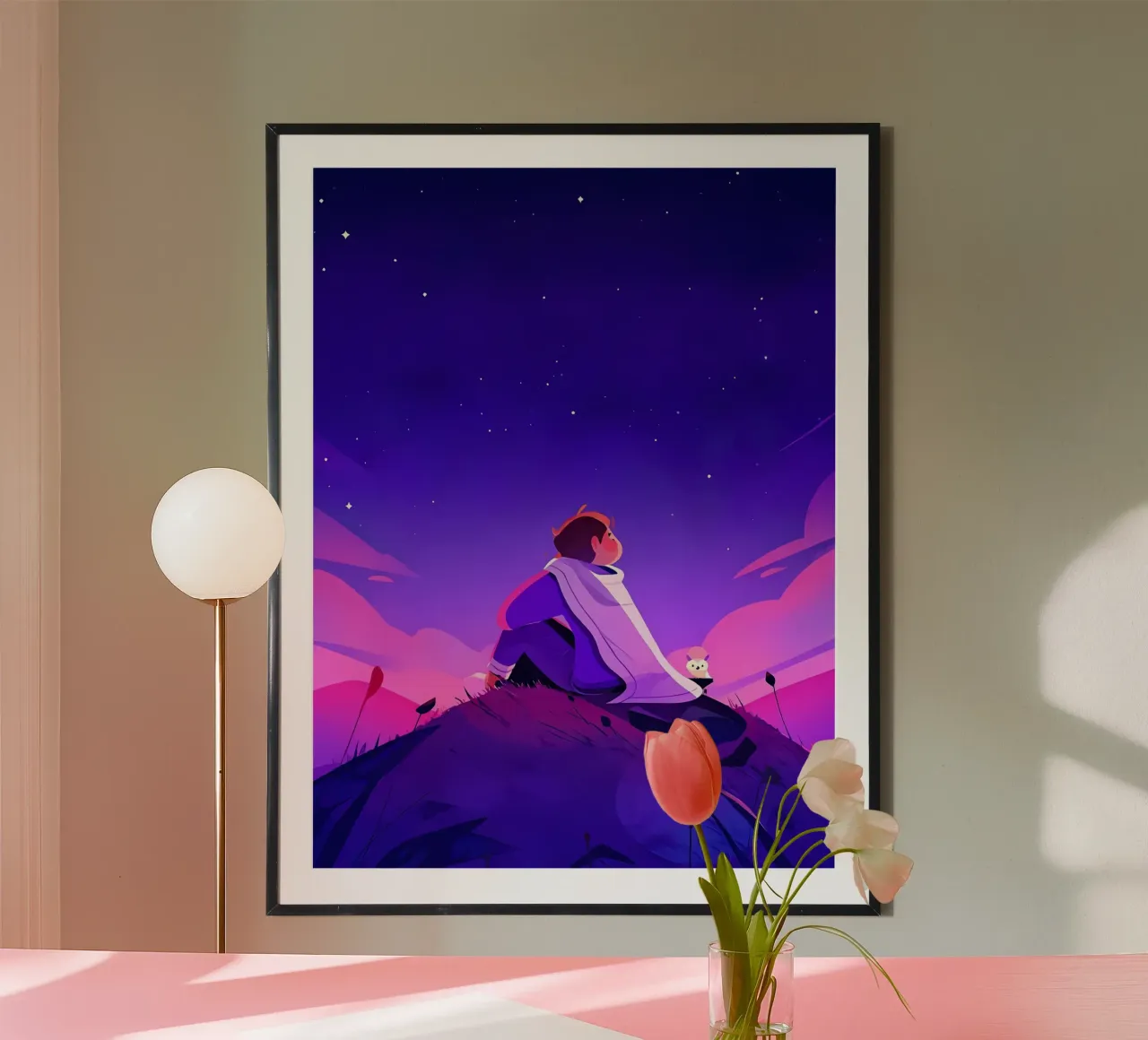 Ragazzo che guarda le stelle notturne Lofi Art poster con telaio in alluminio da LoFi Gallery