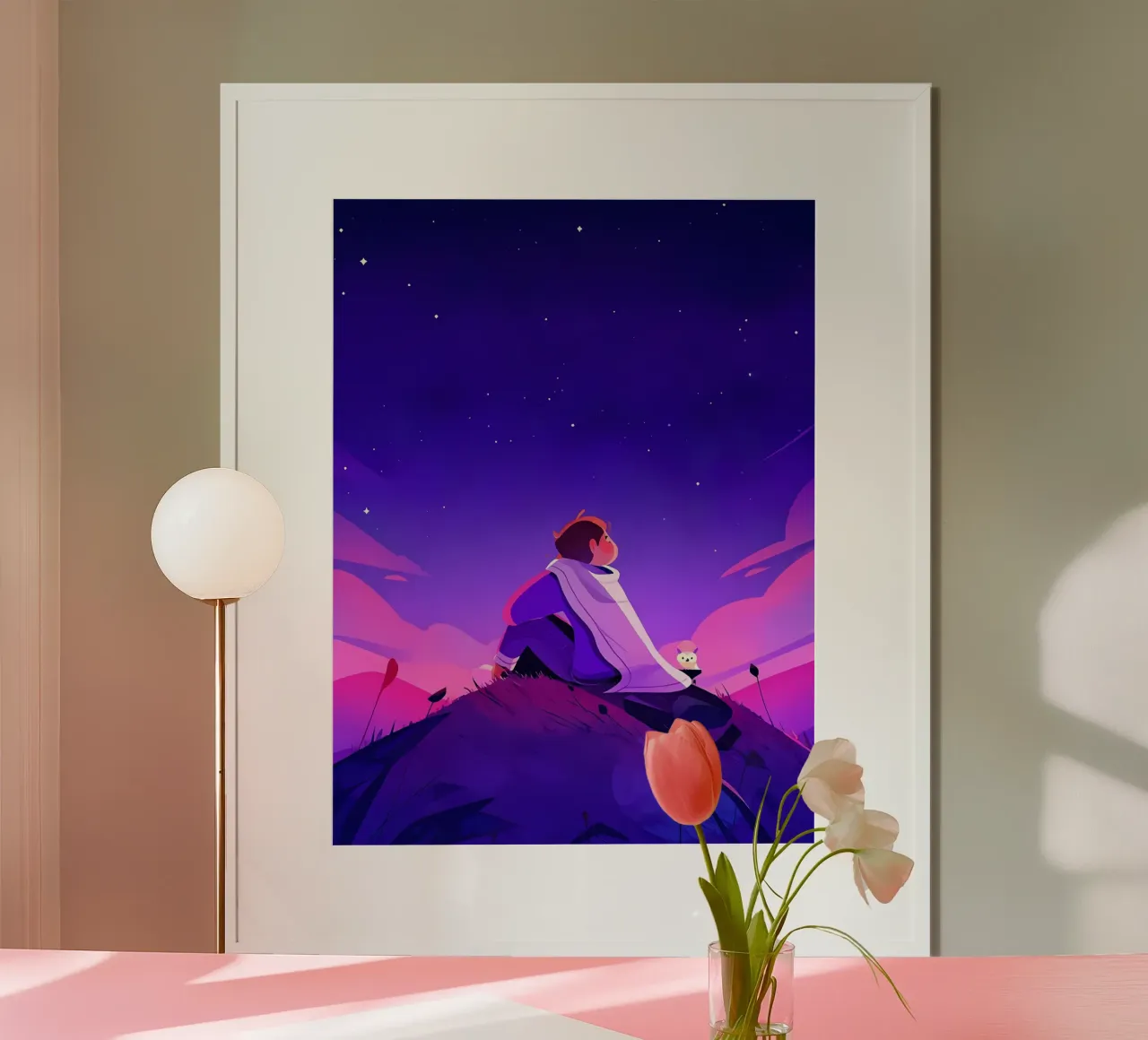 Ragazzo che guarda le stelle notturne Lofi Art poster con telaio in alluminio da LoFi Gallery