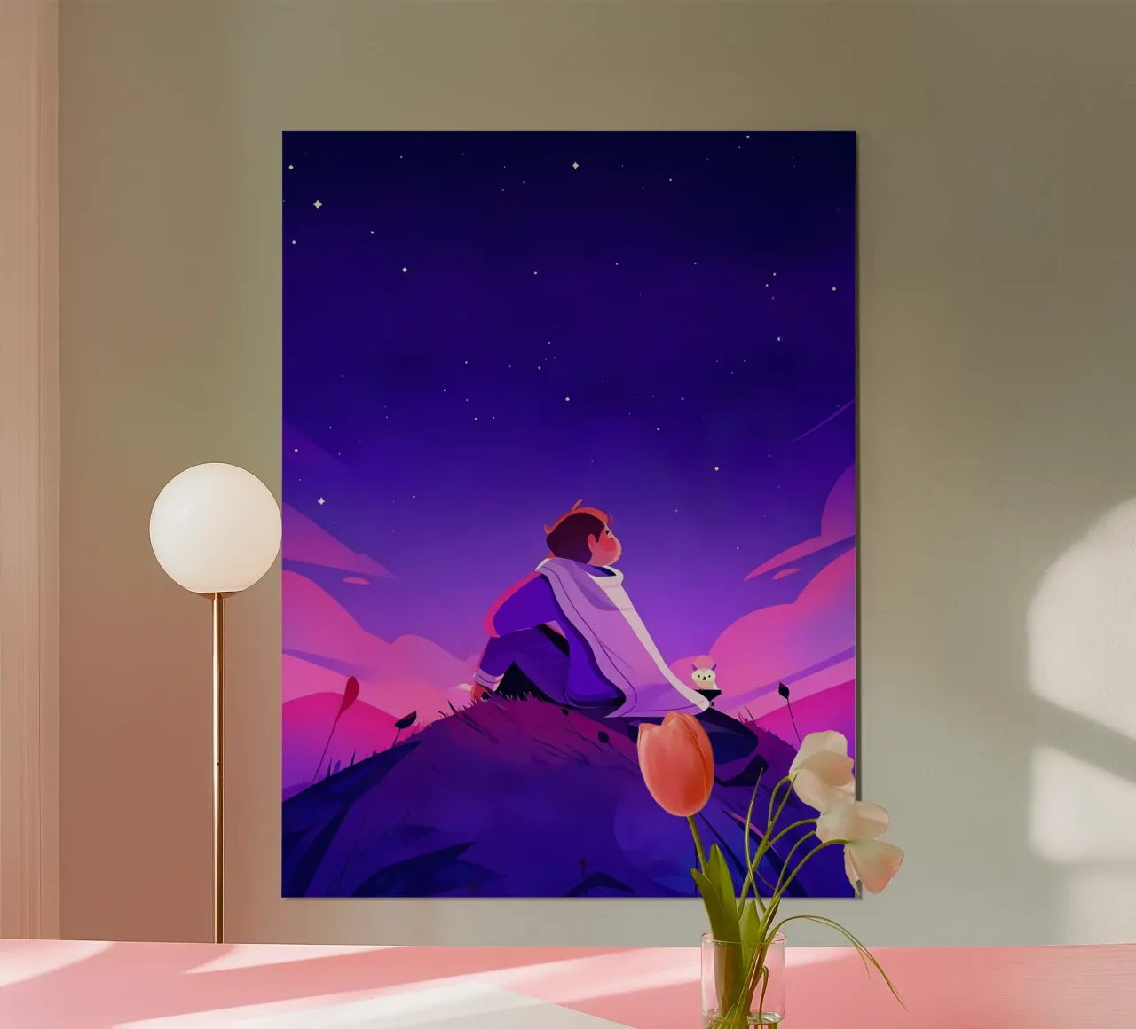 Ragazzo che guarda le stelle notturne Lofi Art poster con telaio in alluminio da LoFi Gallery