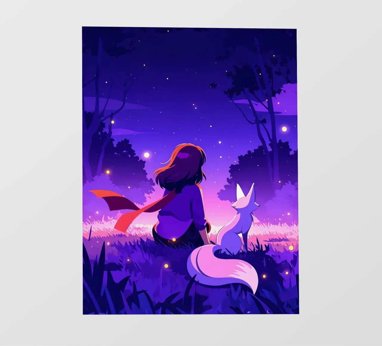 Ragazza nella foresta di notte con la volpe Lofi Art pellicola backlit da LoFi Gallery