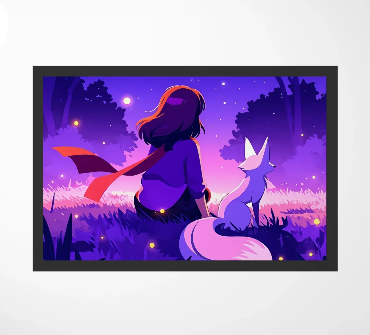 Ragazza nella foresta di notte con la volpe Lofi Art zerbino da LoFi Gallery