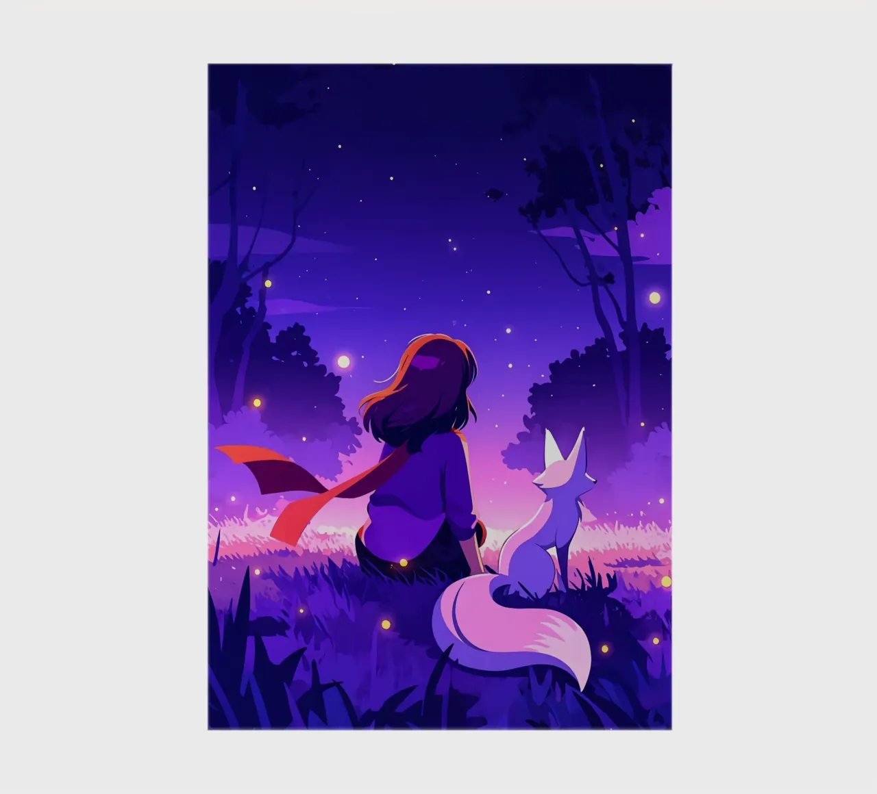 Ragazza nella foresta di notte con la volpe Lofi Art diario da LoFi Gallery