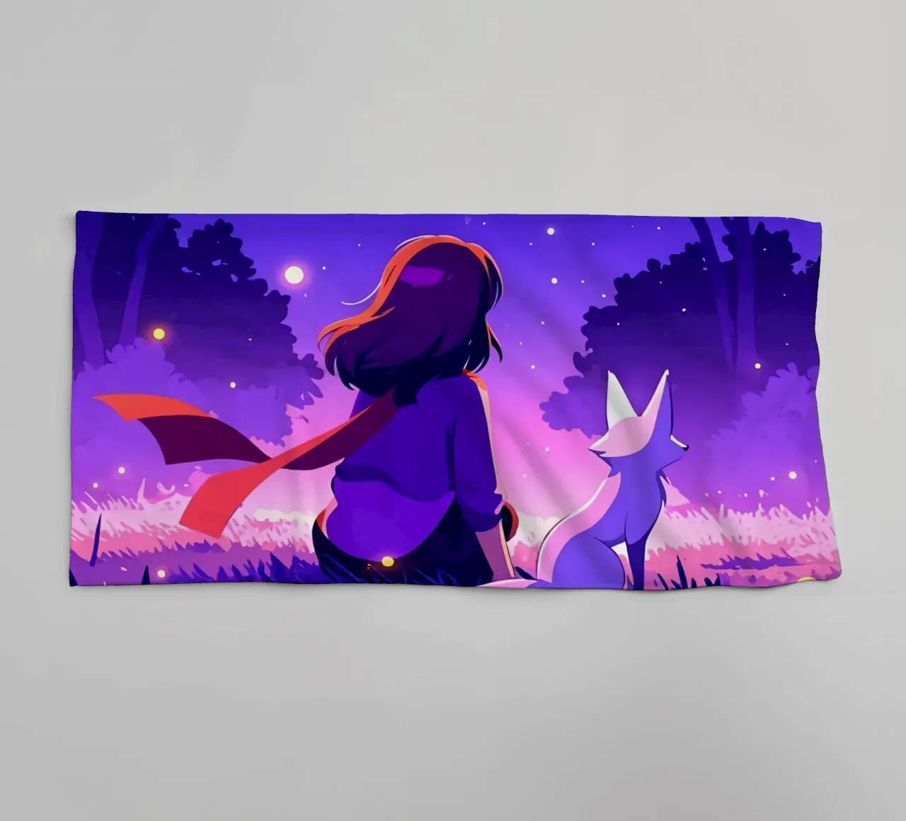 Ragazza nella foresta di notte con la volpe Lofi Art asciugamano da bagno da LoFi Gallery