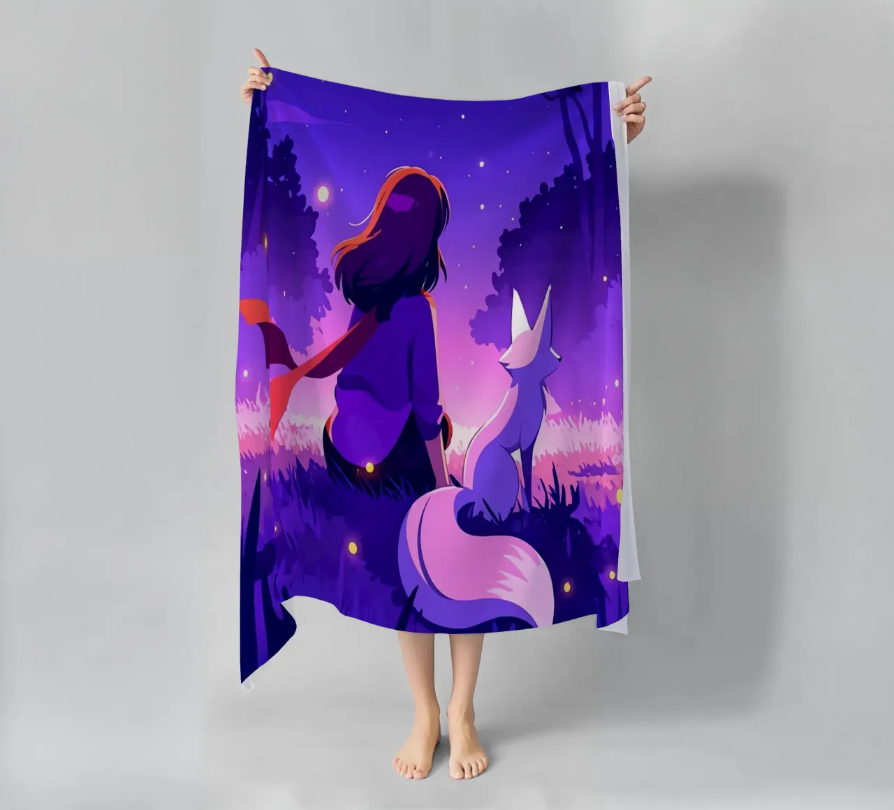 Ragazza nella foresta di notte con la volpe Lofi Art telo mare da LoFi Gallery