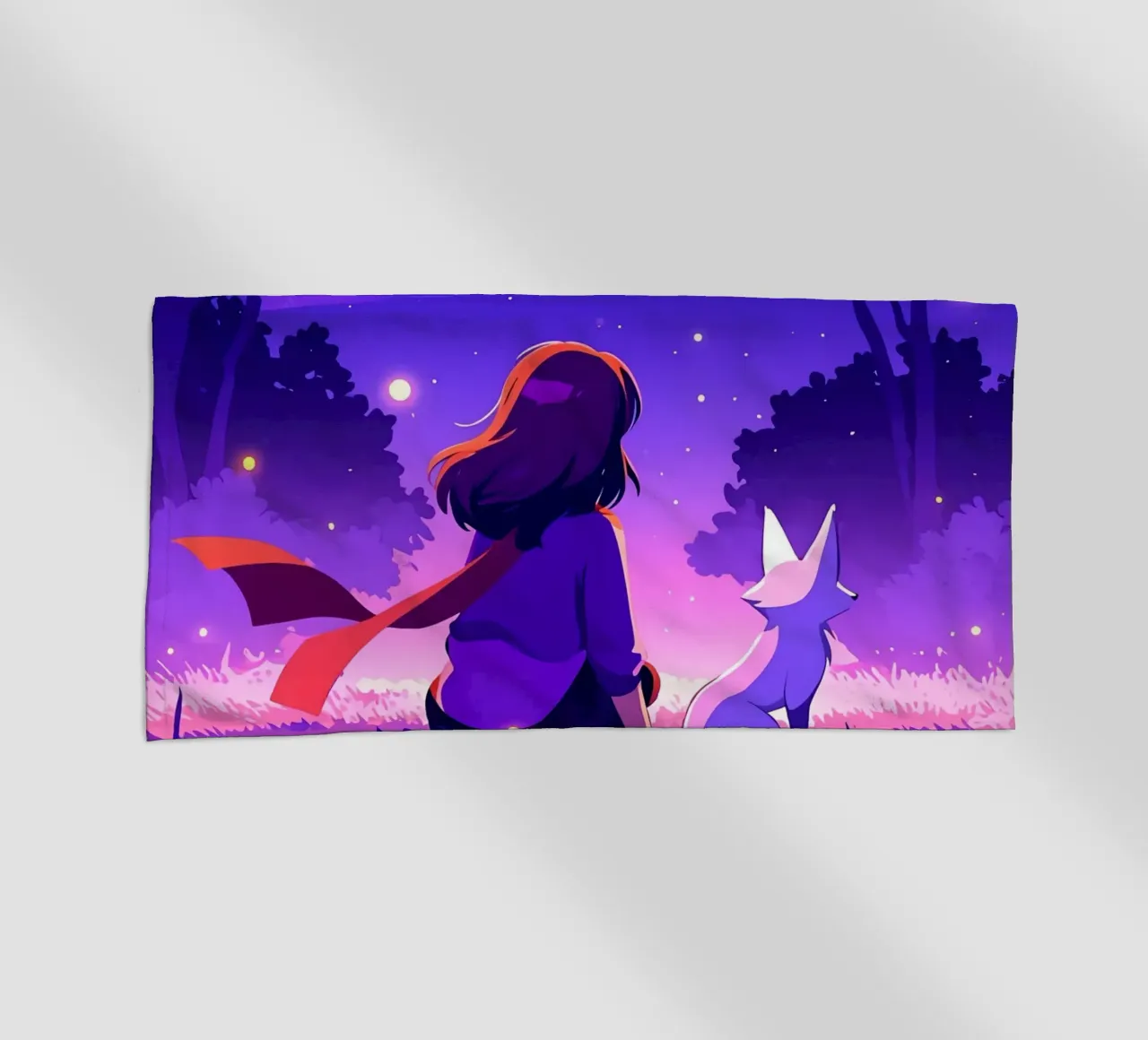 Ragazza nella foresta di notte con la volpe Lofi Art telo mare da LoFi Gallery