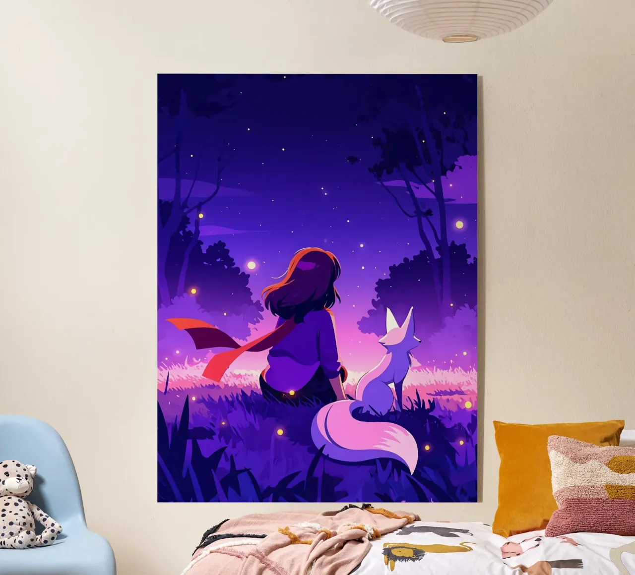 Ragazza nella foresta di notte con la volpe Lofi Art plexiglass da LoFi Gallery
