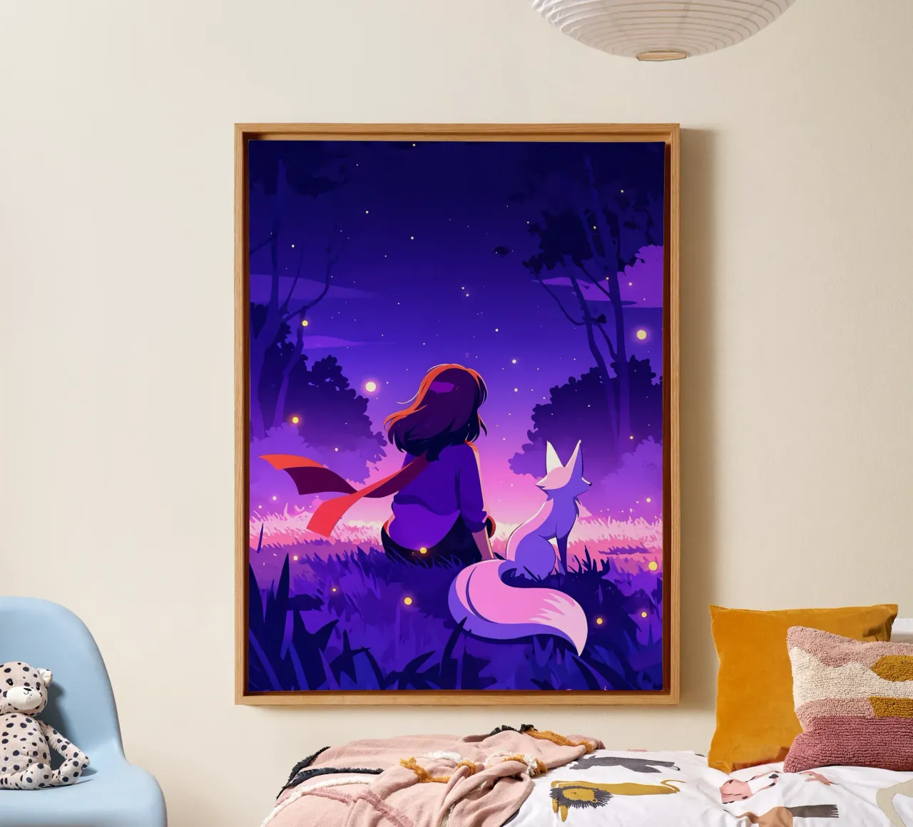 Ragazza nella foresta di notte con la volpe Lofi Art tela con Cornice a cassetta da LoFi Gallery