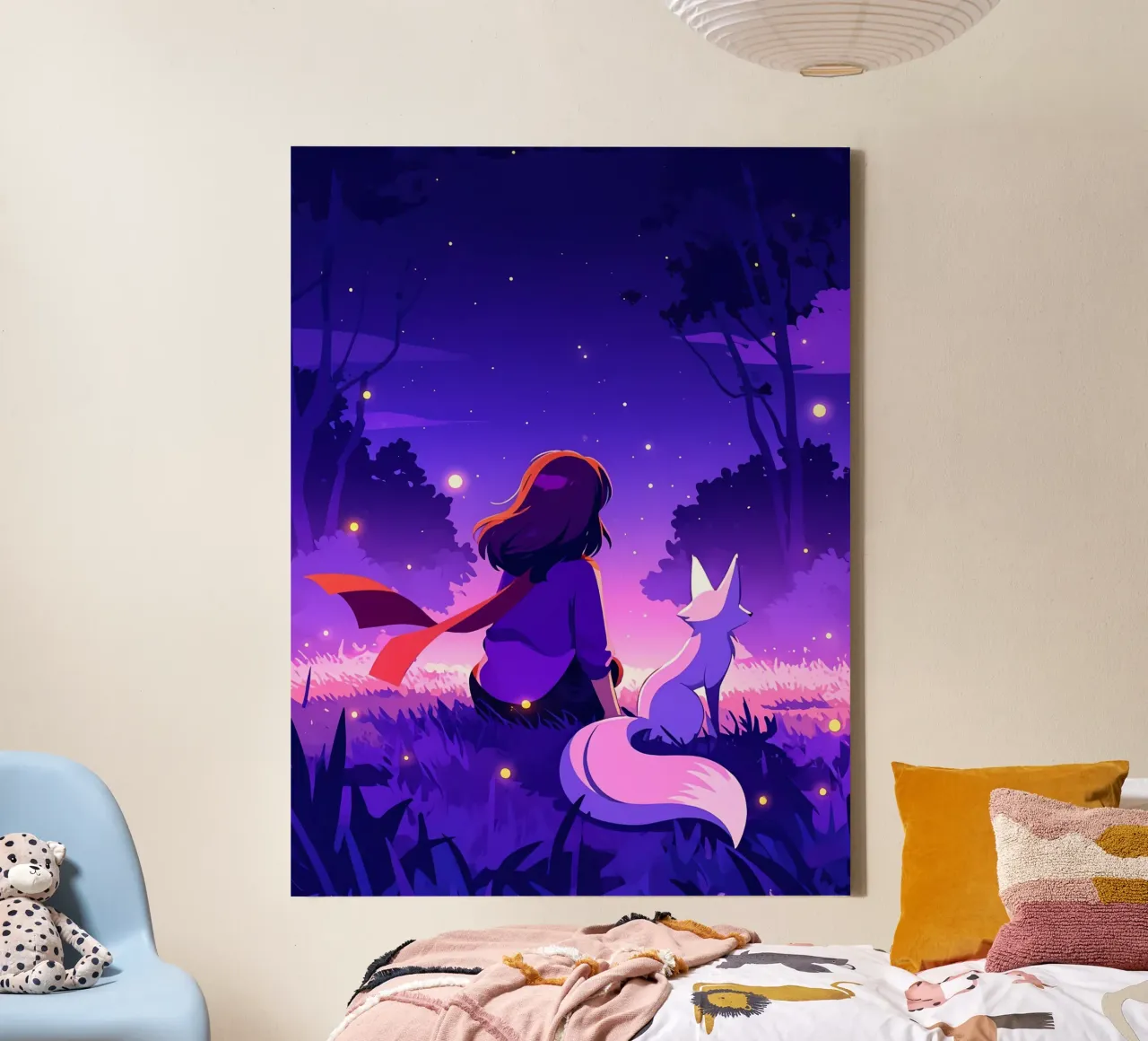 Ragazza nella foresta di notte con la volpe Lofi Art tela con Cornice a cassetta da LoFi Gallery