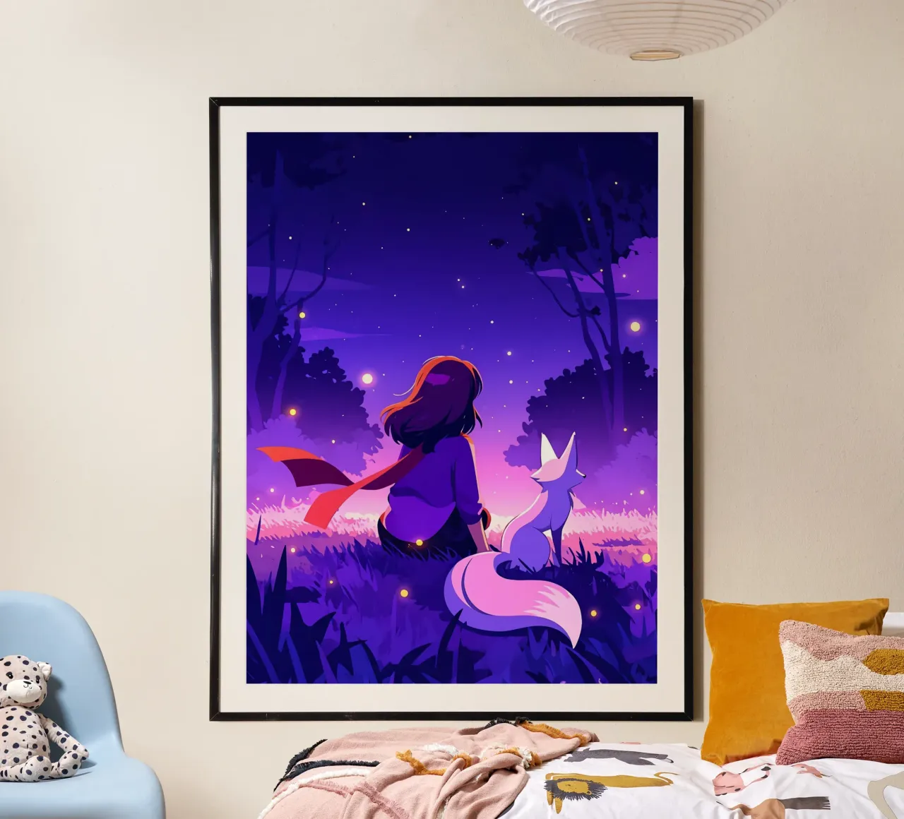 Fille dans la forêt la nuit avec le renard Lofi Art poster de LoFi Gallery