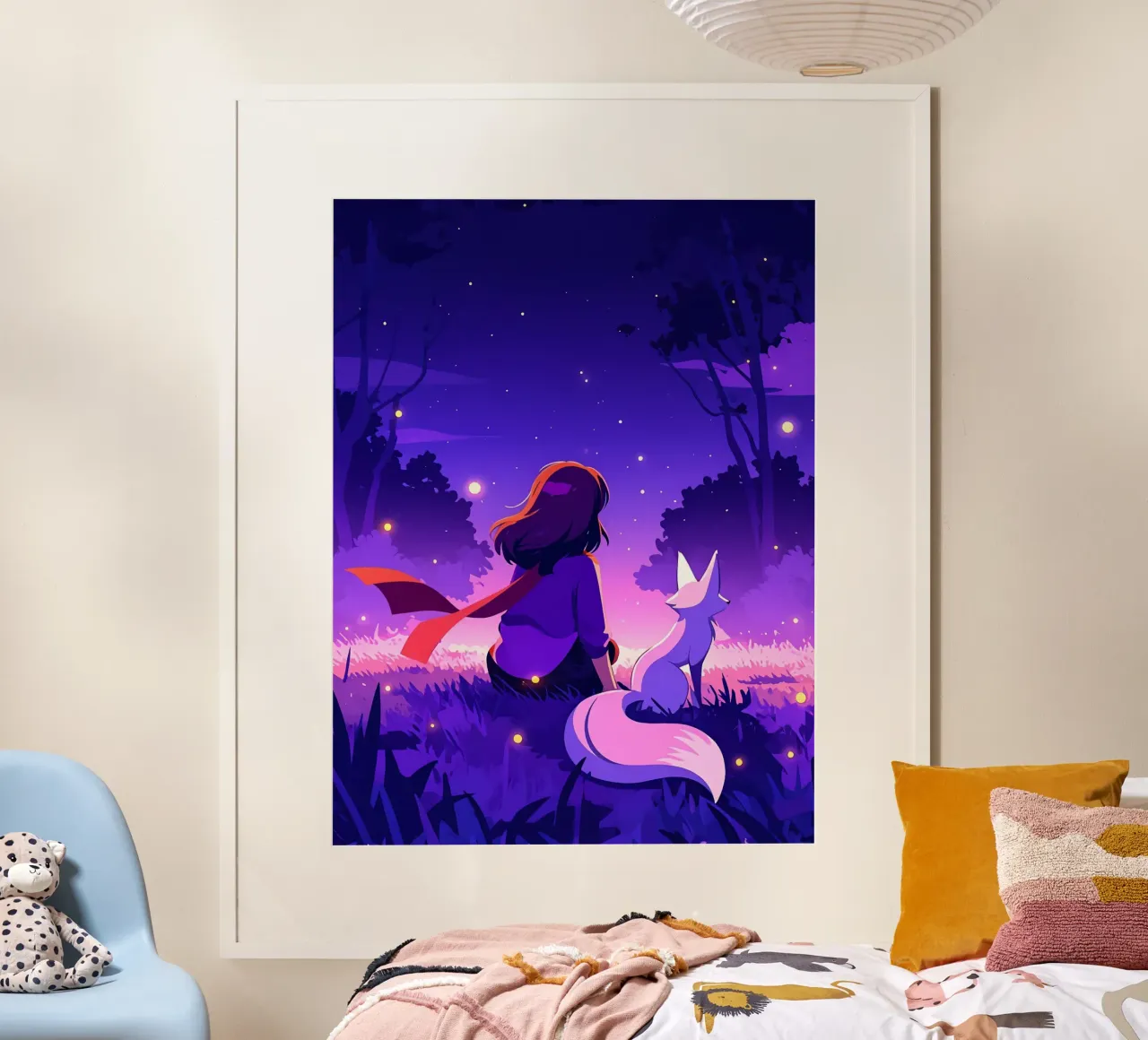 Fille dans la forêt la nuit avec le renard Lofi Art poster de LoFi Gallery