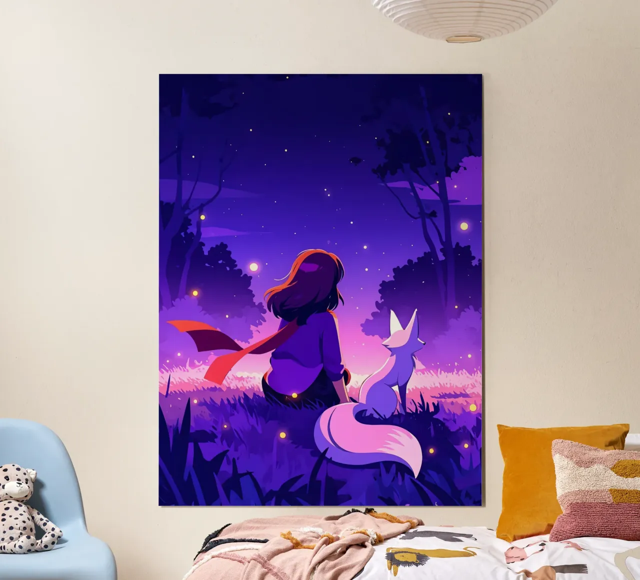 Fille dans la forêt la nuit avec le renard Lofi Art poster de LoFi Gallery