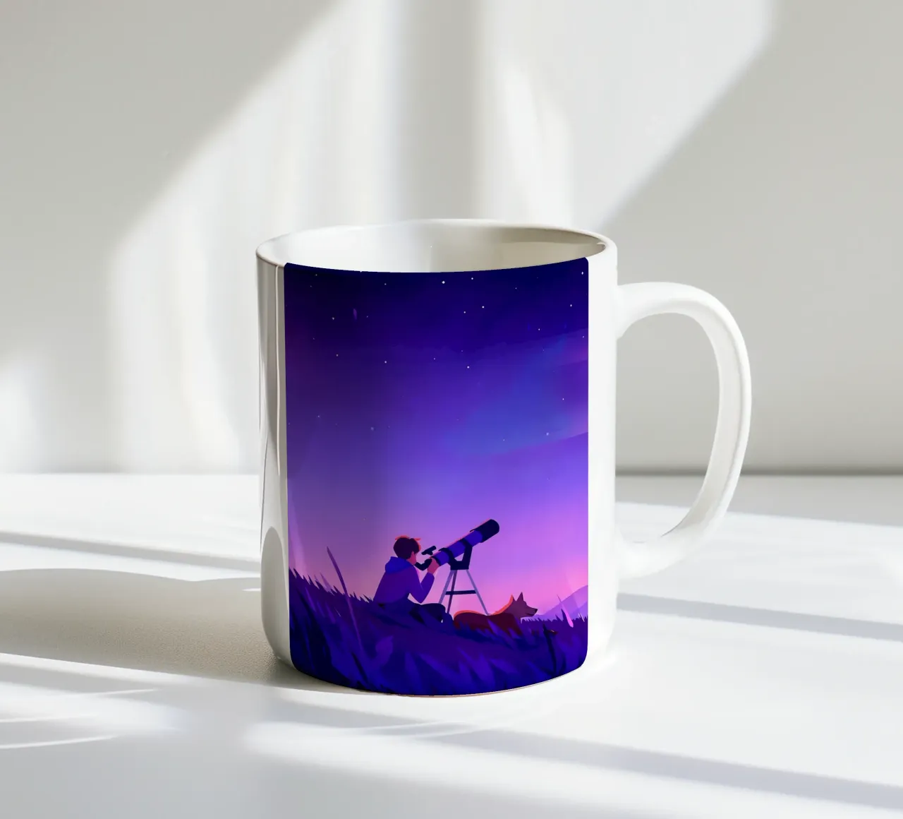 Ragazzo che osserva le stelle nella notte Lofi Art tazza in ceramica da LoFi Gallery