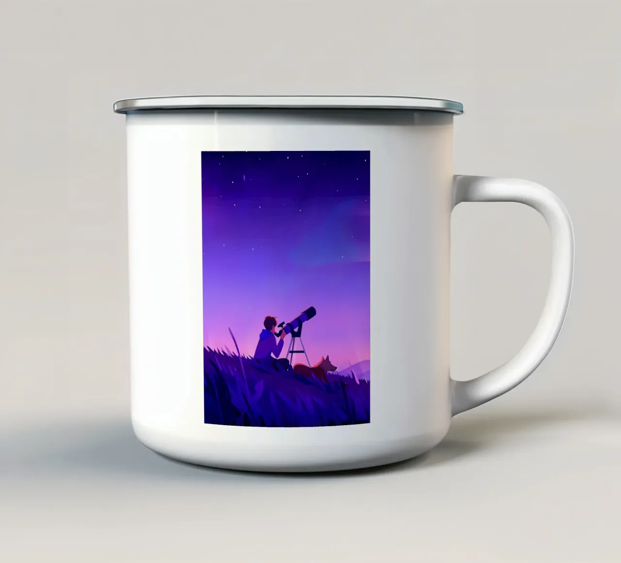 Ragazzo che osserva le stelle nella notte Lofi Art tazza in smalto da LoFi Gallery