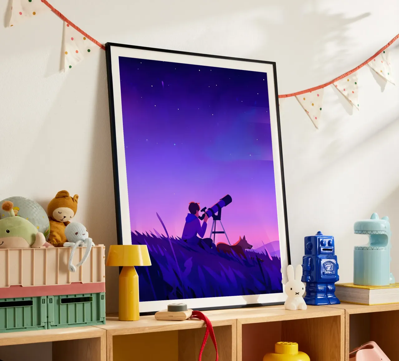 Garçon observant les étoiles dans la nuit Lofi Art poster de LoFi Gallery