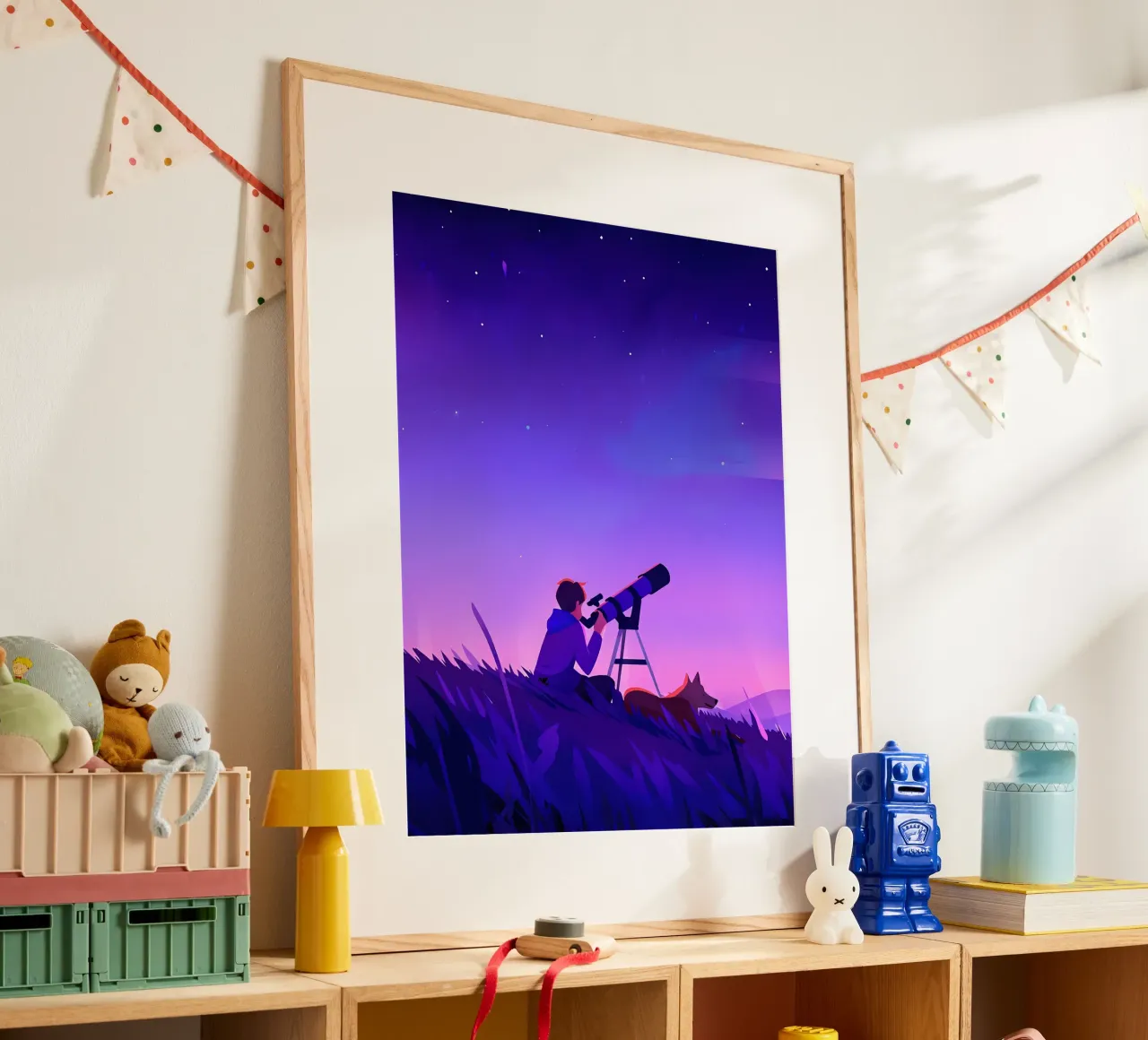 Garçon observant les étoiles dans la nuit Lofi Art poster de LoFi Gallery