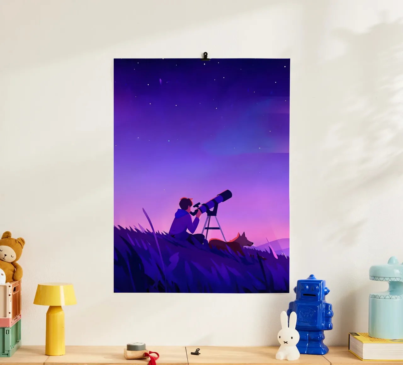 Garçon observant les étoiles dans la nuit Lofi Art poster de LoFi Gallery