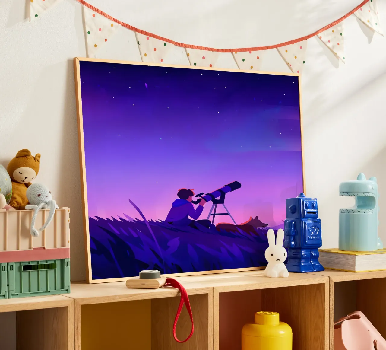 Garçon observant les étoiles dans la nuit Lofi Art poster de LoFi Gallery