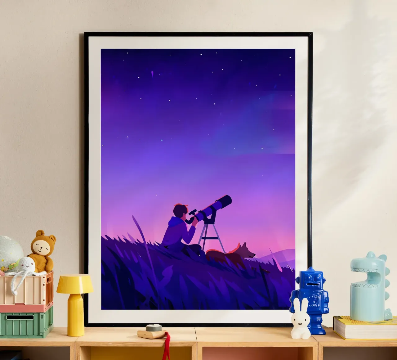 Garçon observant les étoiles dans la nuit Lofi Art poster de LoFi Gallery
