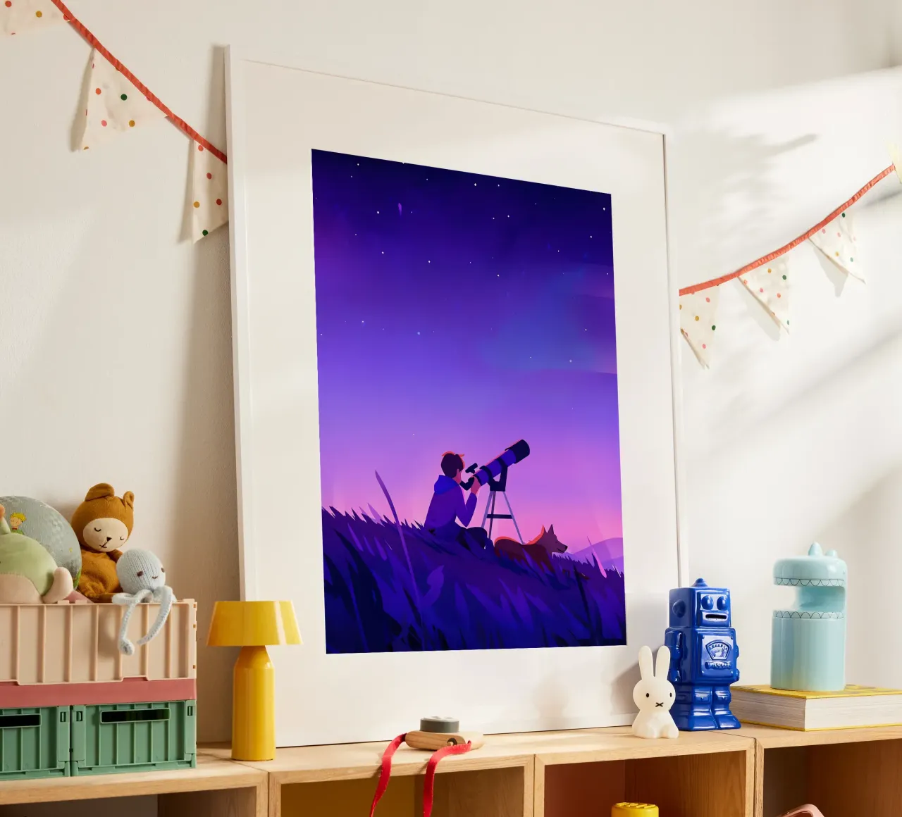 Garçon observant les étoiles dans la nuit Lofi Art poster de LoFi Gallery